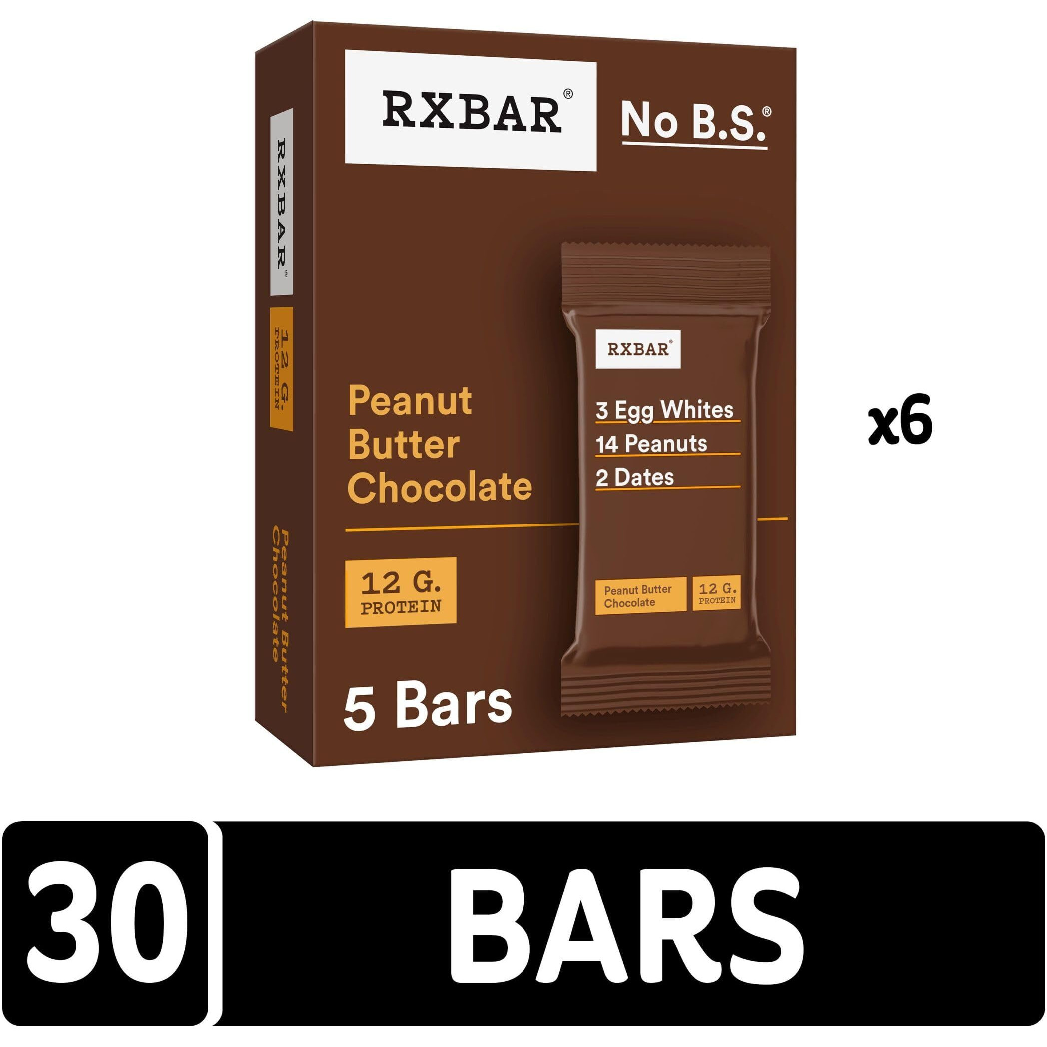 Rxbar Protein Bars, 12G Protein, Gluten Free Snacks, Peanut Butter Chocolate (6 Boxes, 30 Bars)