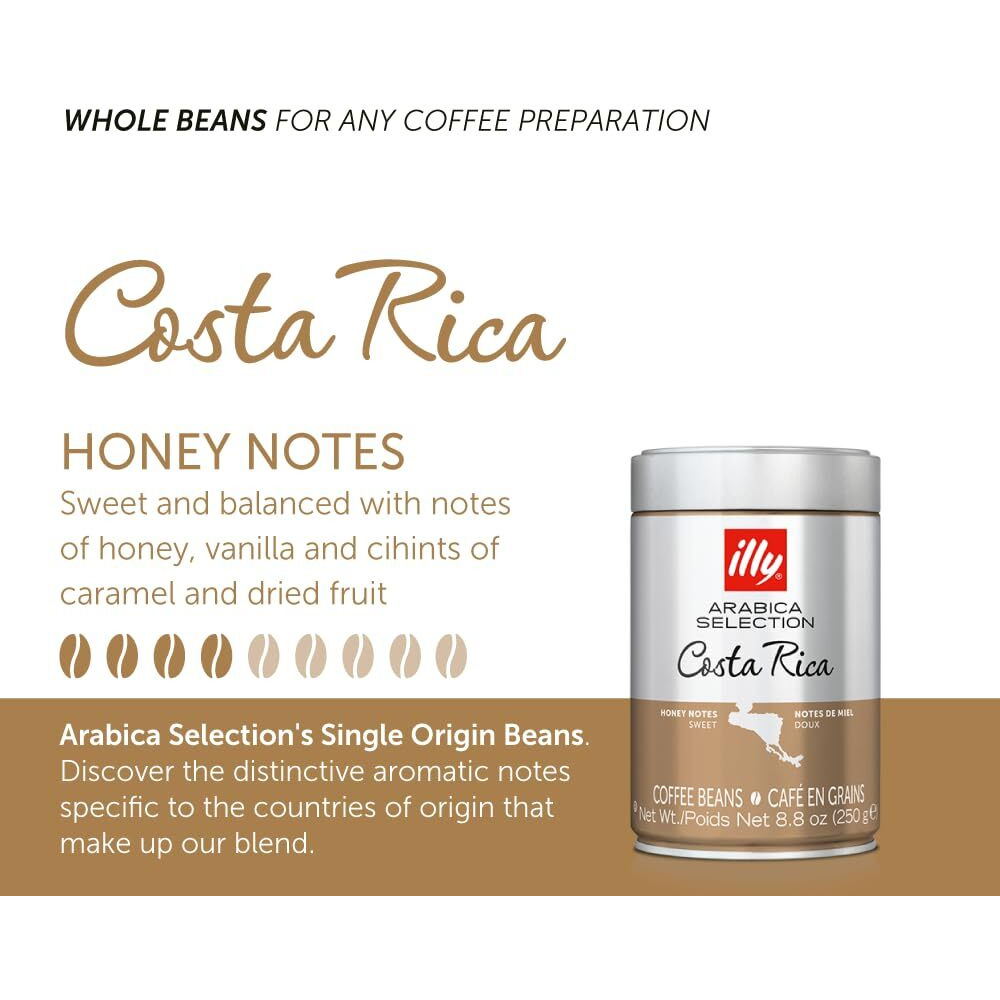 Illy Whole Bean Coffee - Perfectly Roasted Whole Coffee Beans - Costa Rica Medium Roast - With Notes Of Honey, Vanilla & Citrus - 100% Arabica Coffee - No Preservatives - 8.8 Ounce