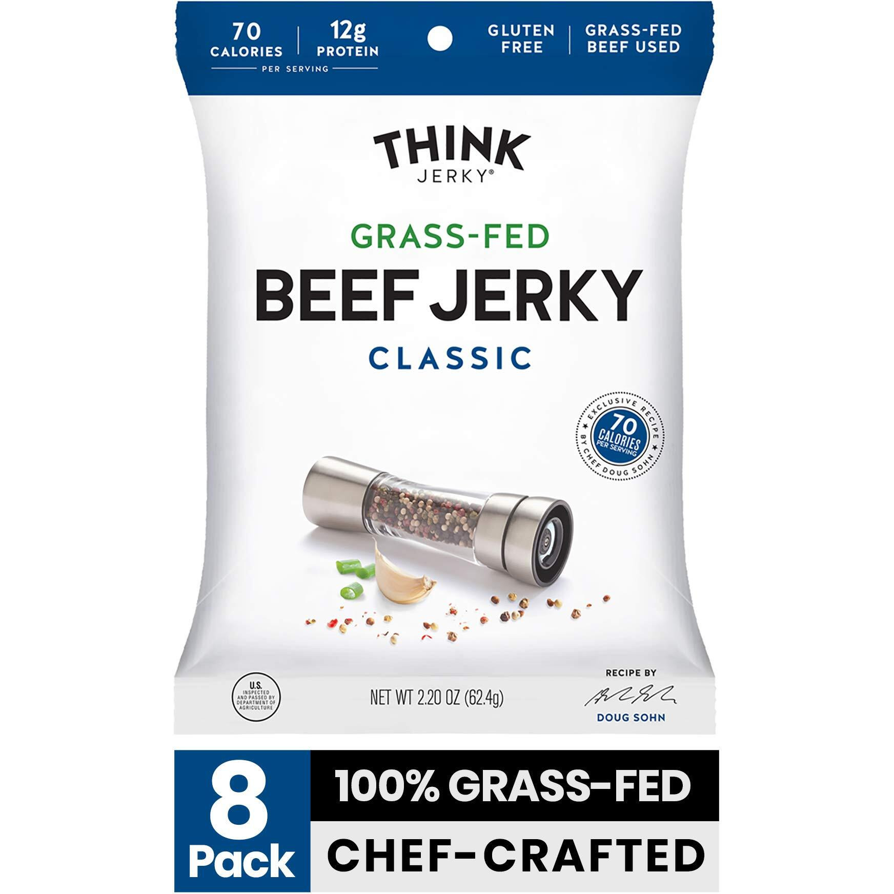 Think Jerky, Classic Beef Jerky (1.0 Ounce Bags, Pack Of 8 Bags) - Chef-Crafted, Grass-Fed Beef, Gluten Free, No Antibiotics Or Nitrates - Healthy Protein Snack, Low Calorie And Low Fat