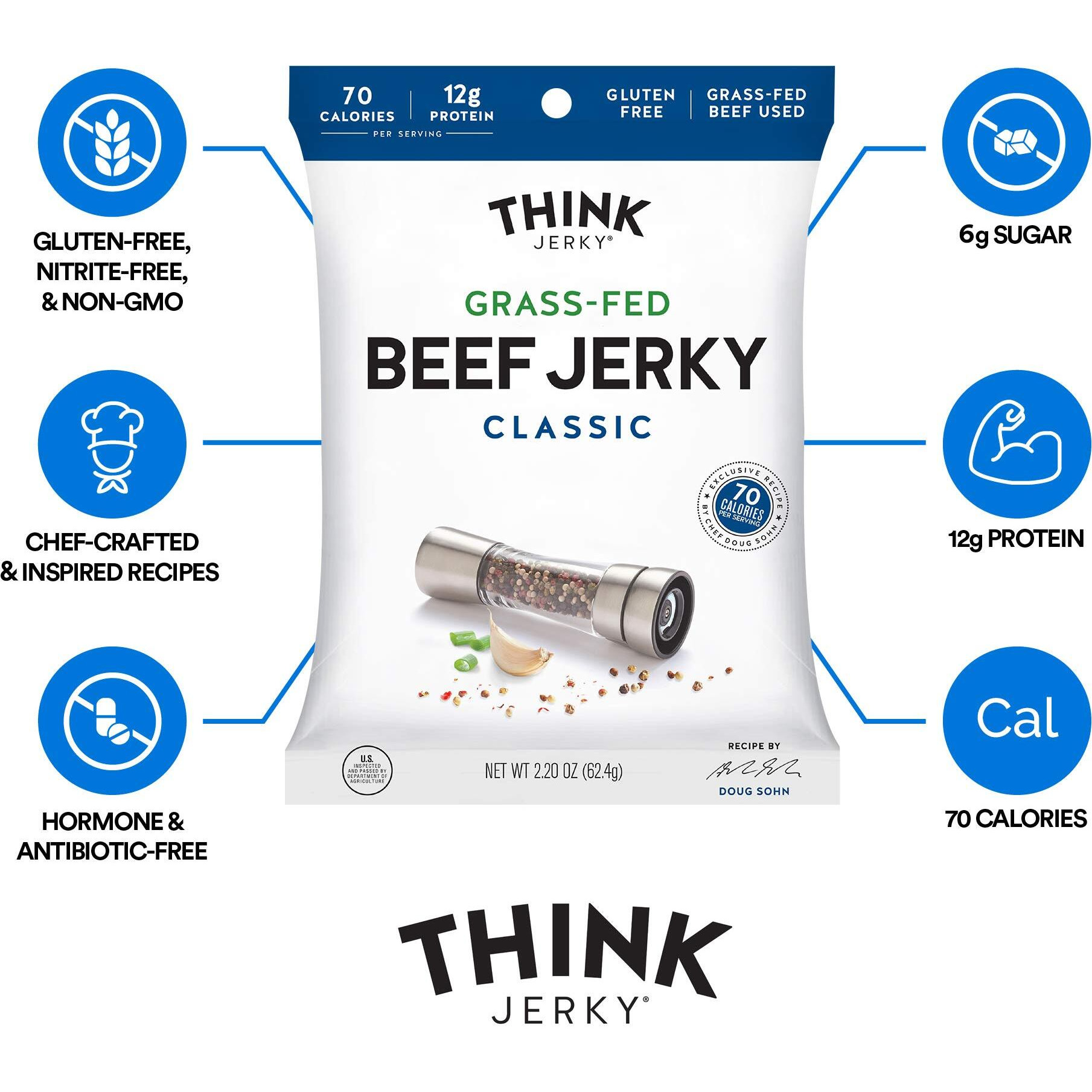 Think Jerky, Classic Beef Jerky (1.0 Ounce Bags, Pack Of 8 Bags) - Chef-Crafted, Grass-Fed Beef, Gluten Free, No Antibiotics Or Nitrates - Healthy Protein Snack, Low Calorie And Low Fat