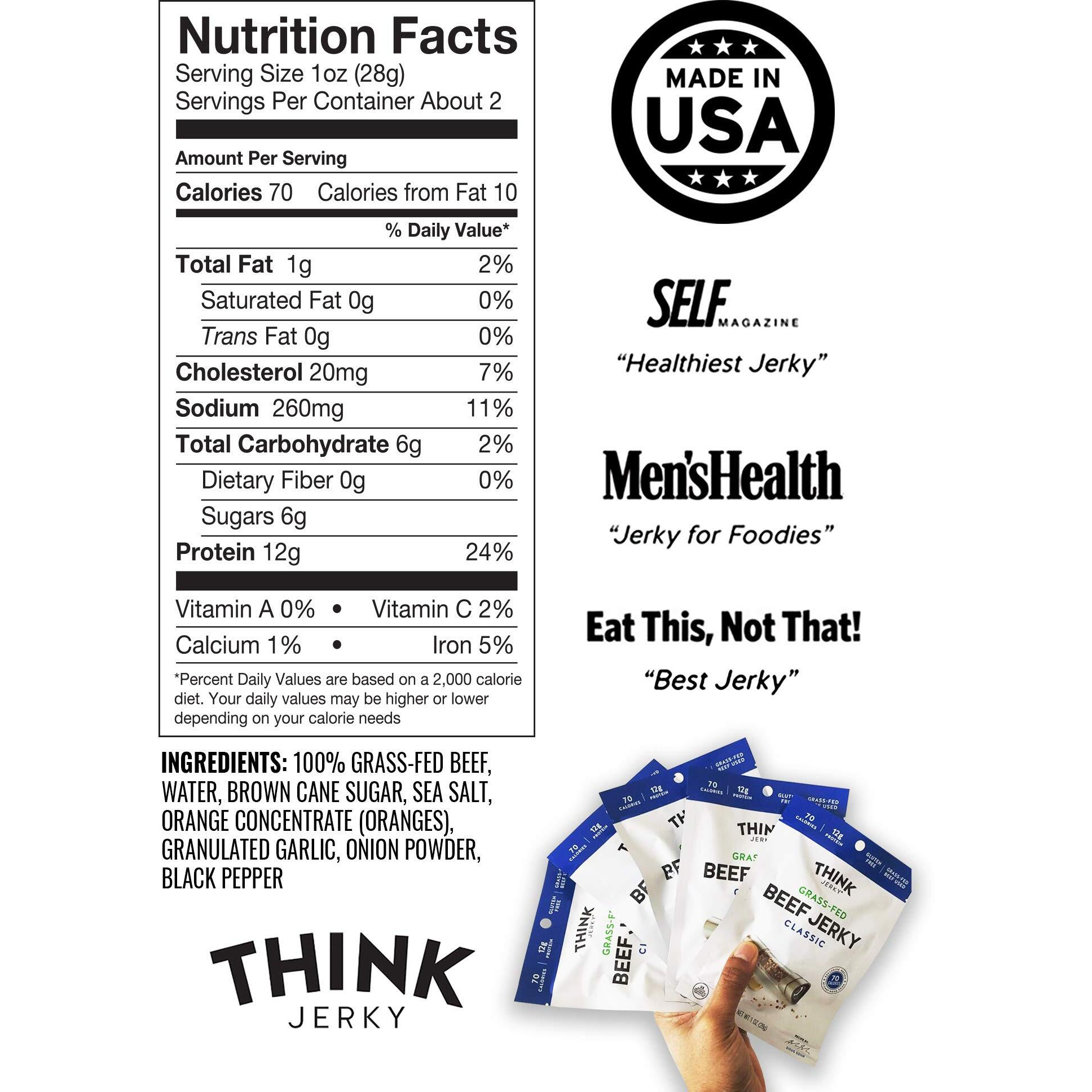 Think Jerky, Classic Beef Jerky (1.0 Ounce Bags, Pack Of 8 Bags) - Chef-Crafted, Grass-Fed Beef, Gluten Free, No Antibiotics Or Nitrates - Healthy Protein Snack, Low Calorie And Low Fat