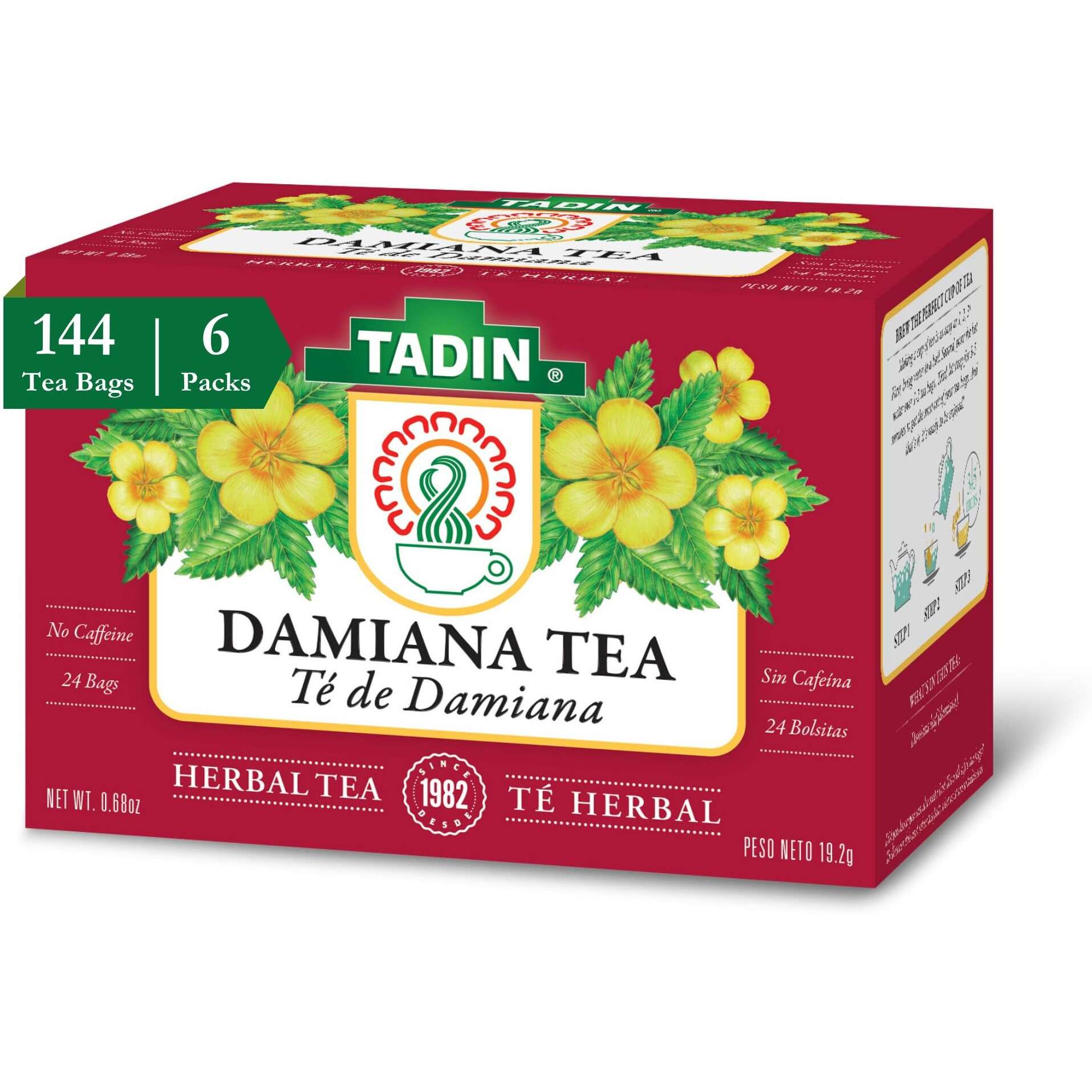 Tadin Damiana Tea, Herbal Tea, Caffeine Free Tea, Wellness Tea, Best As Hot Tea, Herbal Tea Bags, Decaffeinated Tea, 24 Tea Bags Per Box, Pack Of 6
