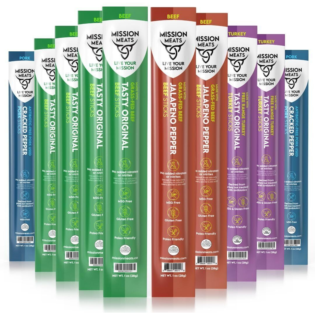 Mission Meats Meat Sticks - Variety Pack (Beef, Pork, Turkey) - Clean Ingredients, Nitrate Nitrite Free, Gluten Free, Msg Free, Paleo Meat Sticks, 1Oz (Pack Of 10)