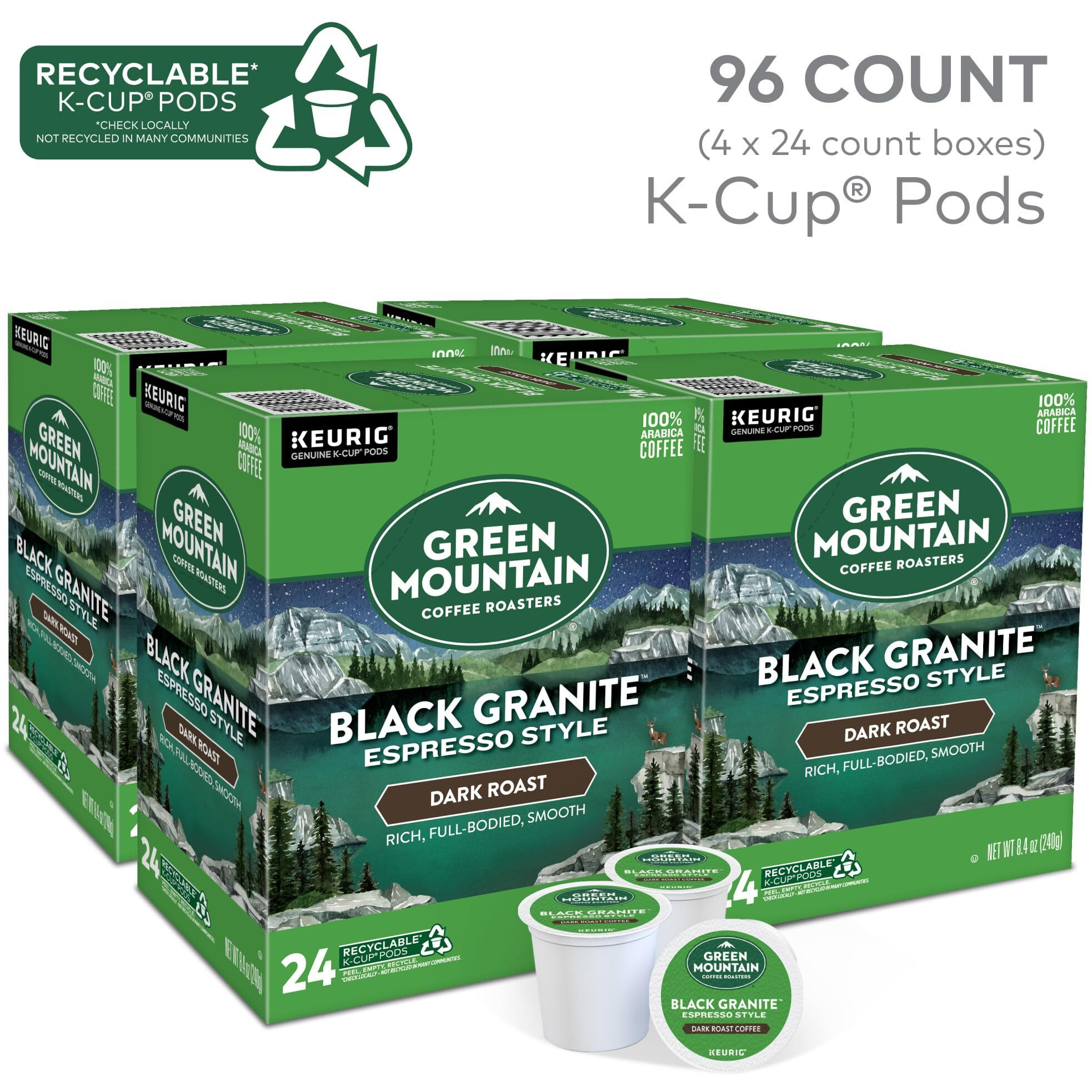 Green Mountain Coffee Roasters Black Granite, Keurig Single Serve K-Cup Pods, Espresso Style Dark Roast, 96 Count (4 Packs Of 24)