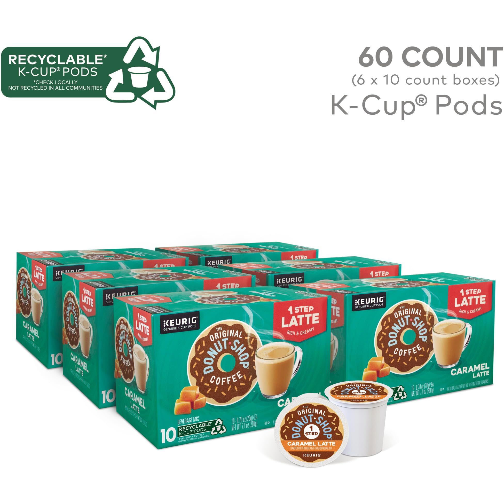 The Original Donut Shop Caramel Latte, Keurig Single Serve K Cup Pods, Flavored Coffee, Caramel Latte, 10 Count - Pack Of 6