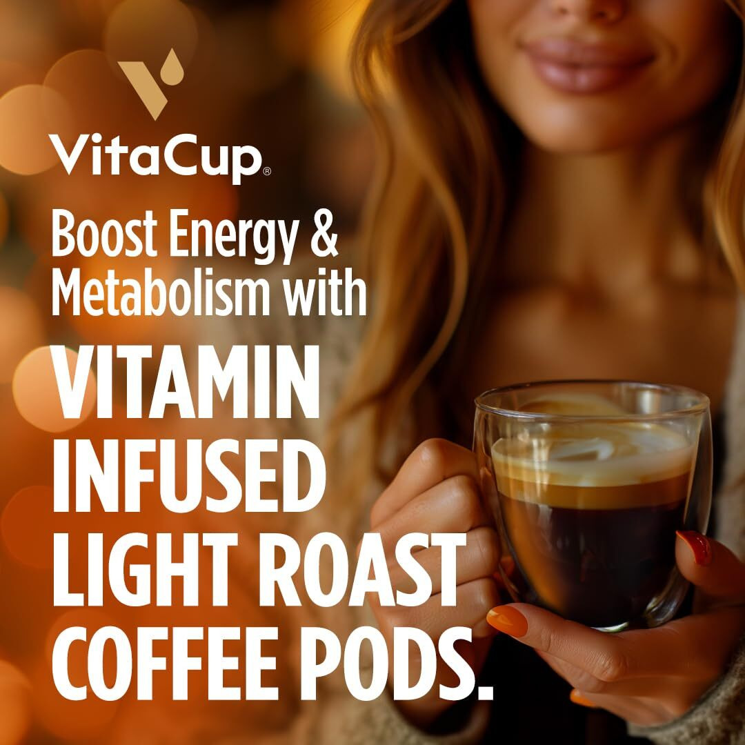 Vitacup Light Roast Coffee Pods With Vitamin B1, B5, B6, B9, B12 & D3 Infused For Energy & Metabolism In Recyclable Single Serve Pod Compatible With K-Cup Brewers Including Keurig 2.0, 64 Count