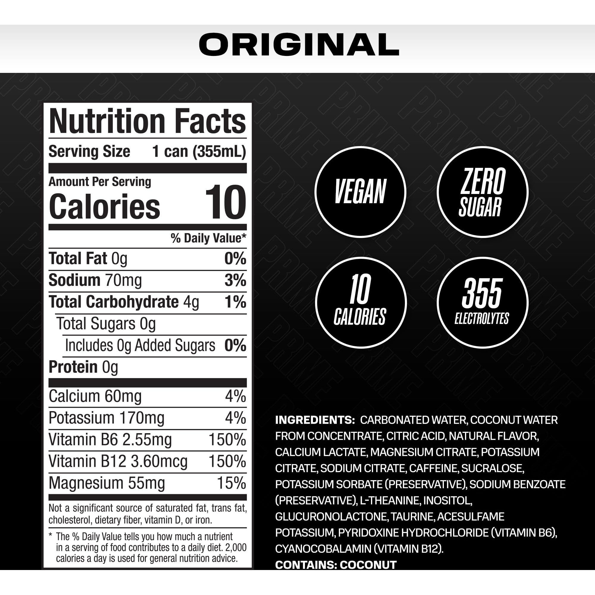 Prime Energy Original | Zero Sugar Energy Drink | Preworkout Energy | 200Mg Caffeine With 355Mg Of Electrolytes And Coconut Water For Hydration| Vegan | Gluten Free |12 Fluid Ounce | 12 Pack