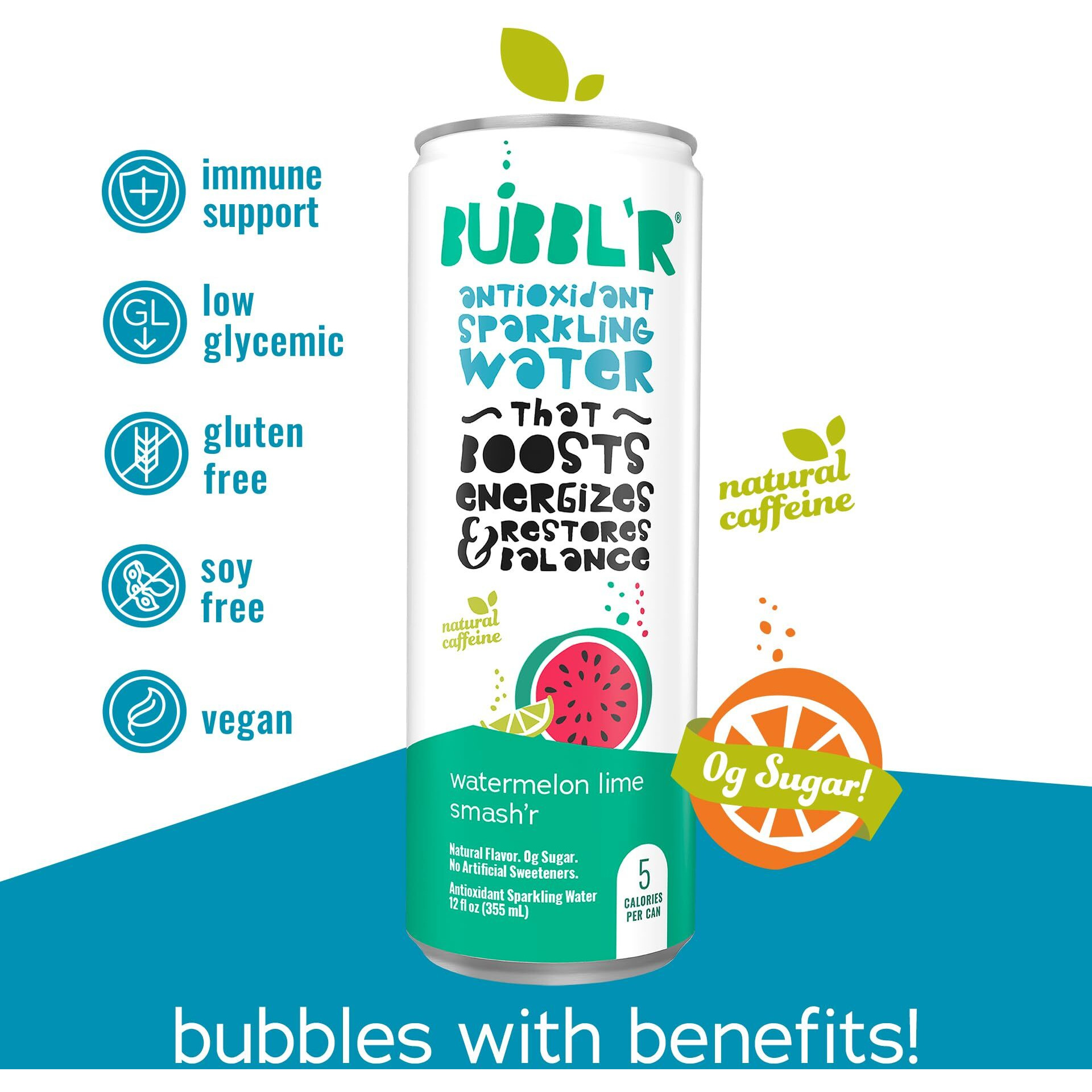 Bubblr Watermelon Lime Smashr, Antioxidant Sparkling Water With Natural Caffeine, 0G Sugar, Gluten Free, All Natural Flavors, 12 Fl Oz Cans, 12 Count