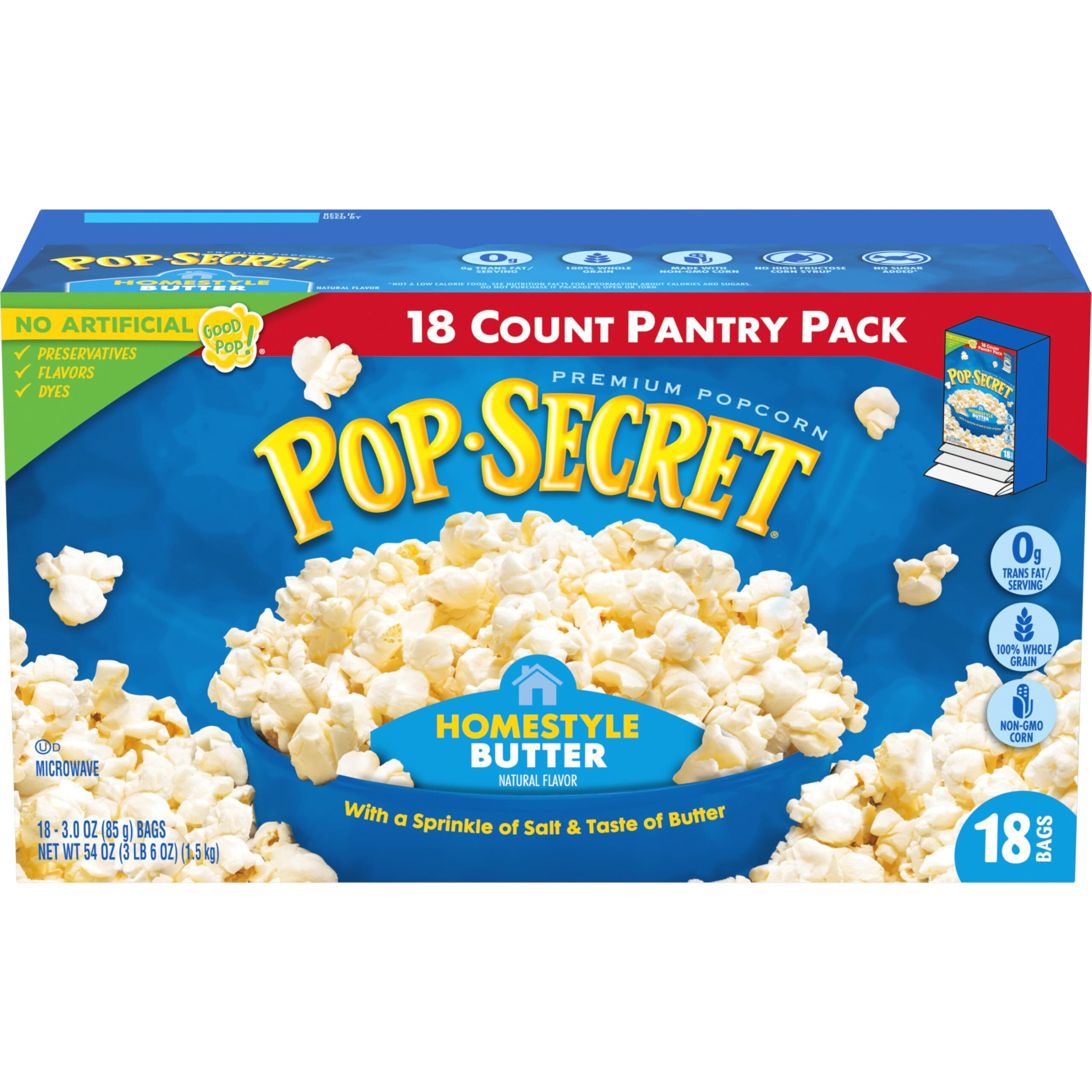 Pop Secret Popcorn, Homestyle Butter Microwave Popcorn, 3 Ounce (Pack Of 18)