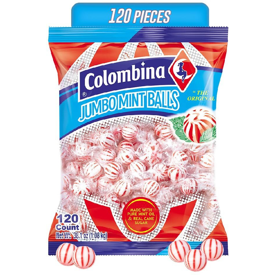 Colombina Jumbo Peppermint Balls, Individually Wrapped Red & White Hard Candy Delights, 1 Pack (120 Count)