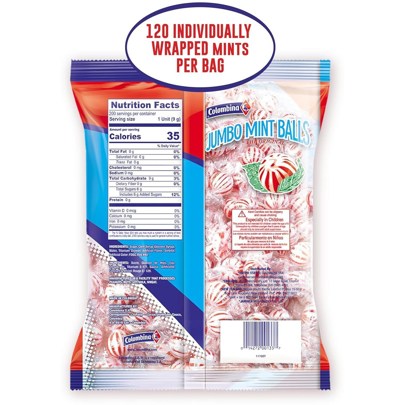 Colombina Jumbo Peppermint Balls, Individually Wrapped Red & White Hard Candy Delights, 1 Pack (120 Count)