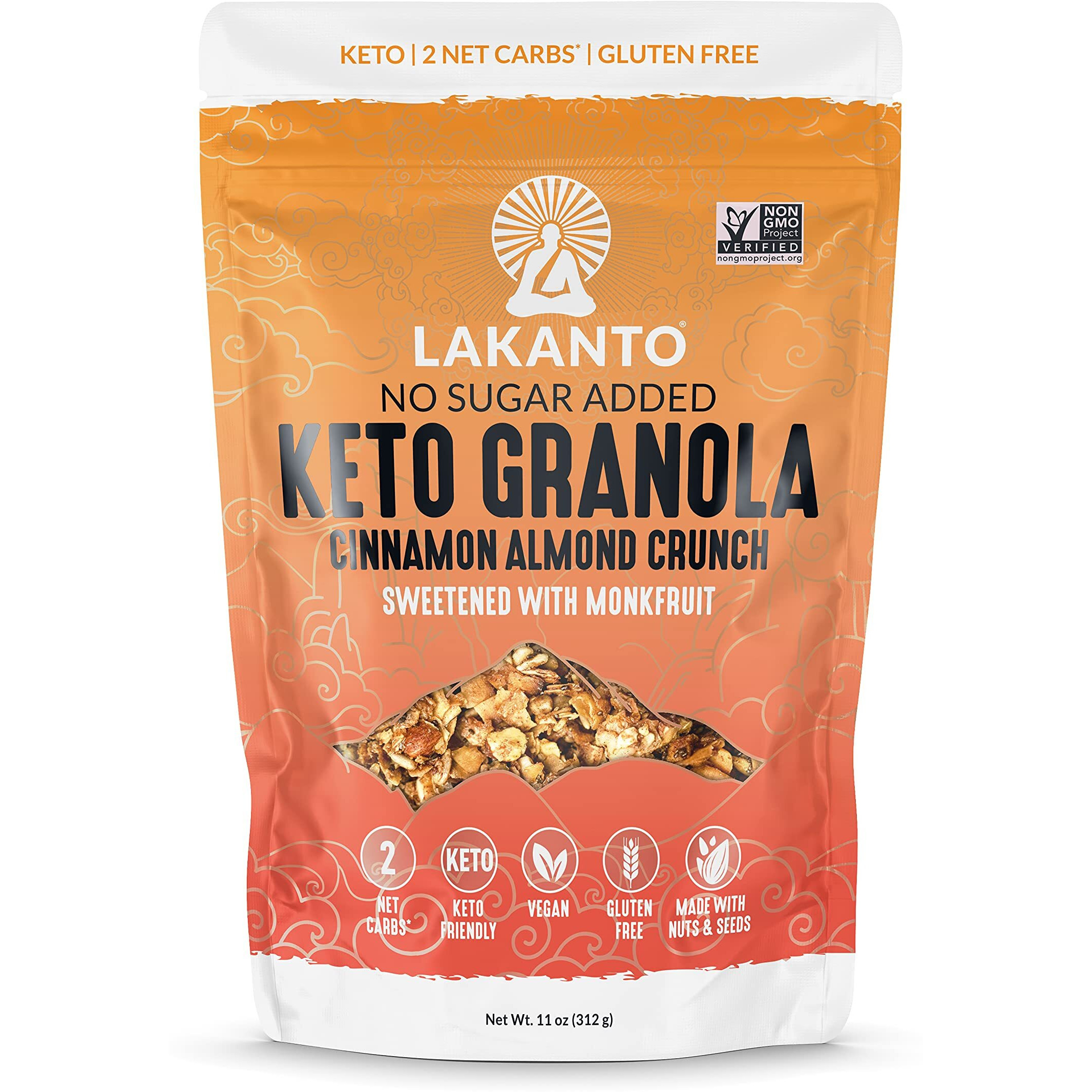 Lakanto Cinnamon Almond Crunch Granola - Delicious Snack, Quick Breakfast Cereal, Keto Friendly, Monk Fruit Sweetener, No Sugar Added, Vegan, Gluten Free, Grain Free, Low Net Carbs (11 Oz)