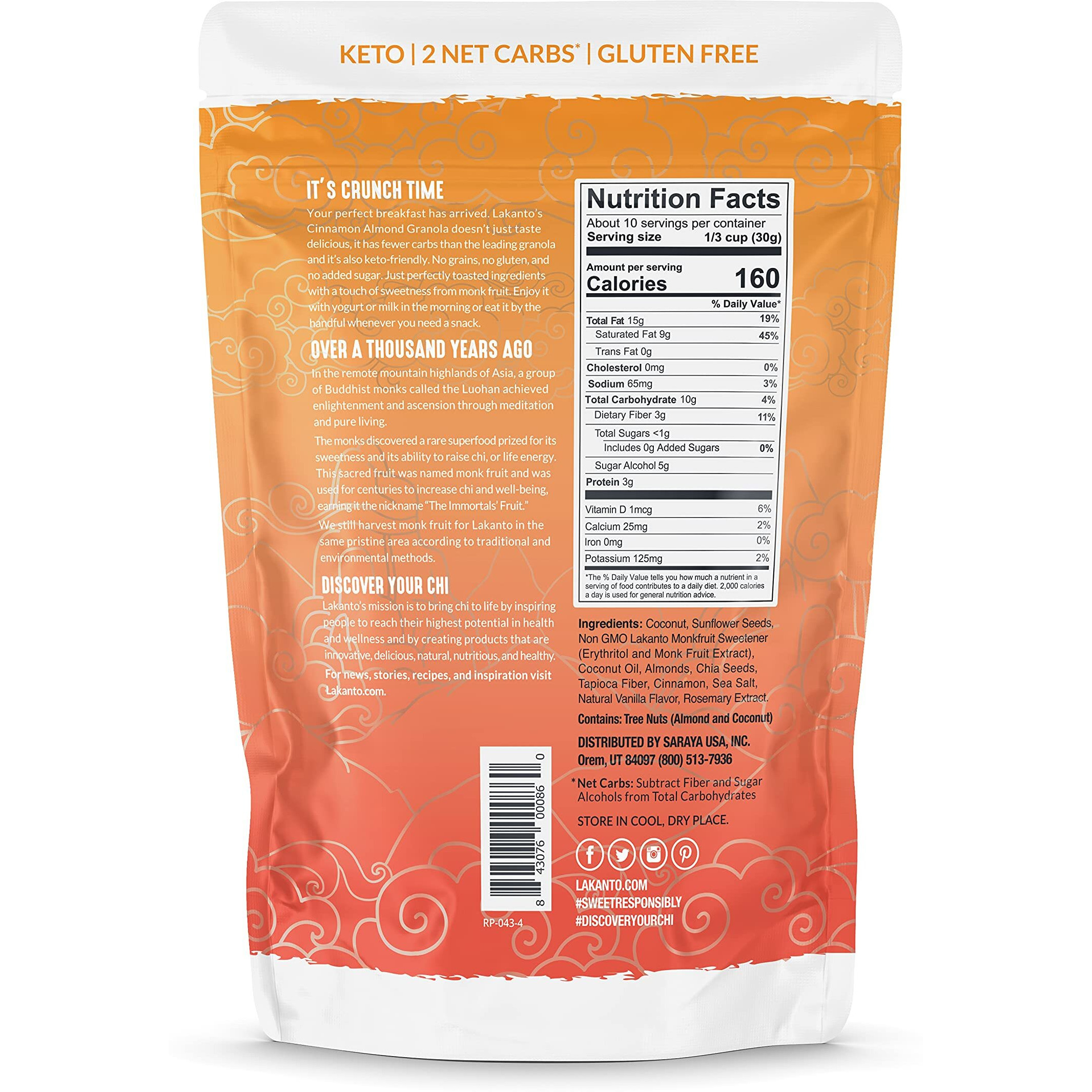 Lakanto Cinnamon Almond Crunch Granola - Delicious Snack, Quick Breakfast Cereal, Keto Friendly, Monk Fruit Sweetener, No Sugar Added, Vegan, Gluten Free, Grain Free, Low Net Carbs (11 Oz)