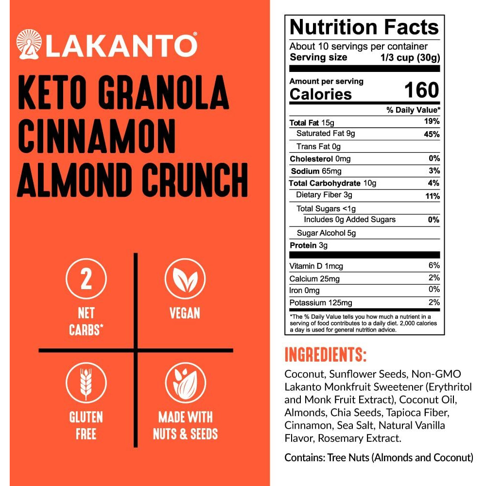 Lakanto Cinnamon Almond Crunch Granola - Delicious Snack, Quick Breakfast Cereal, Keto Friendly, Monk Fruit Sweetener, No Sugar Added, Vegan, Gluten Free, Grain Free, Low Net Carbs (11 Oz)