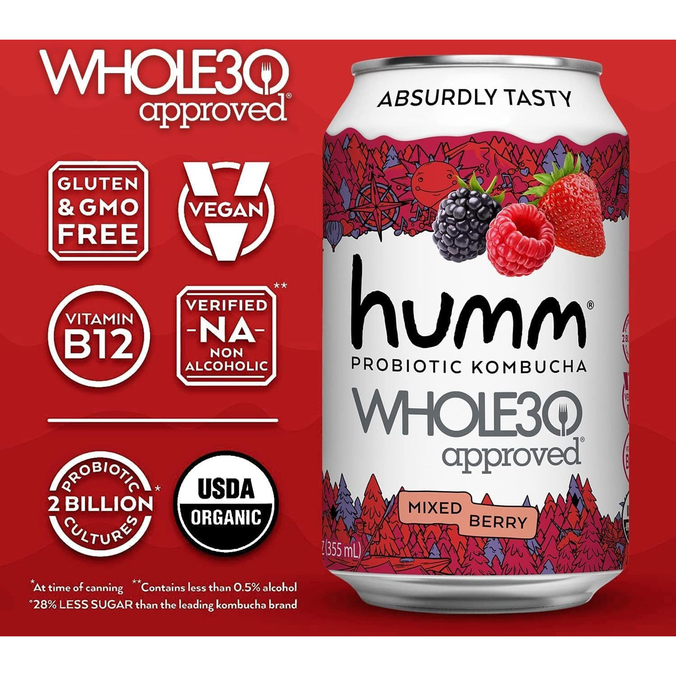 Humm Whole30 Approved Kombucha - Mixed Berry - Organic, Vegan & Gmo-Free (12 Pack)