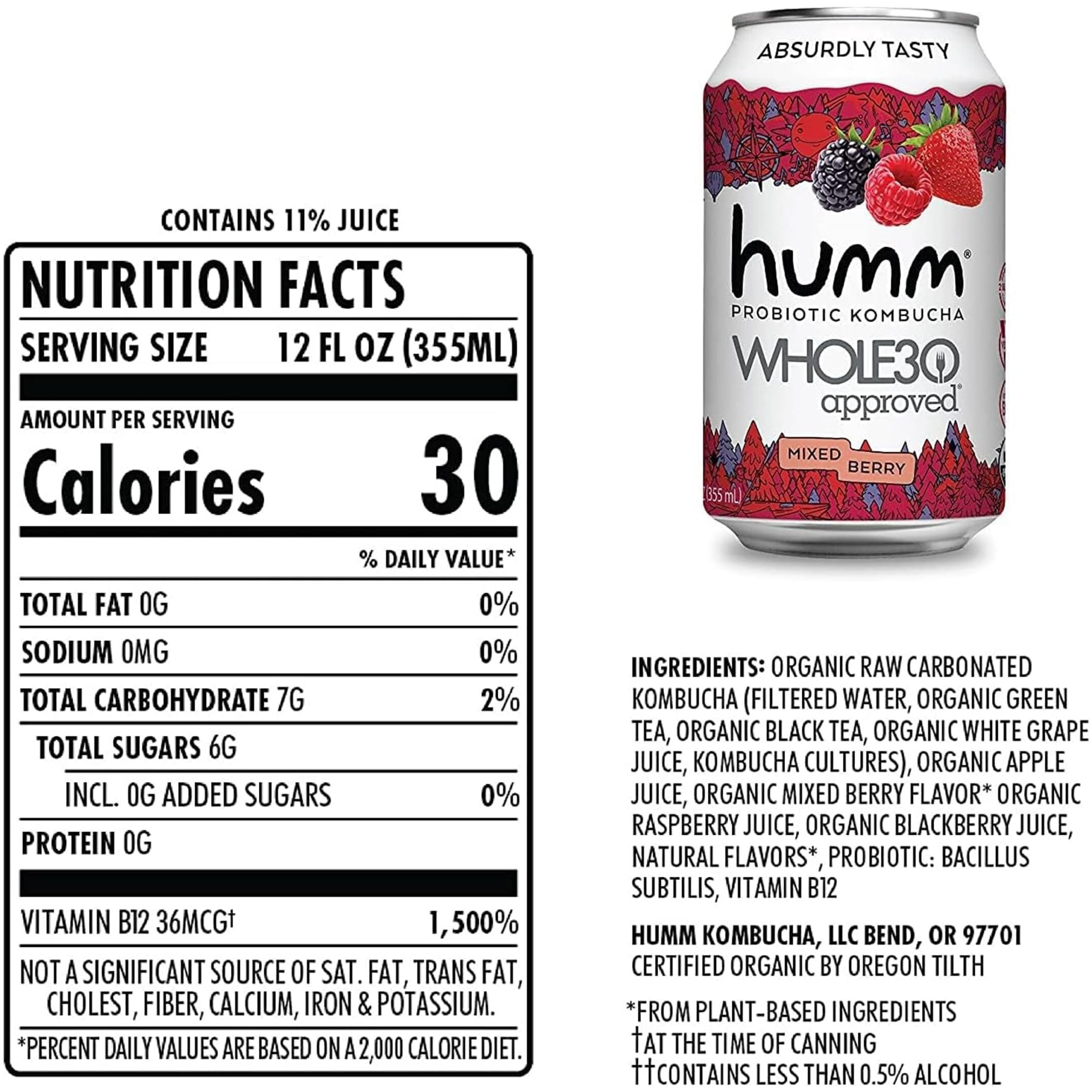 Humm Whole30 Approved Kombucha - Mixed Berry - Organic, Vegan & Gmo-Free (12 Pack)