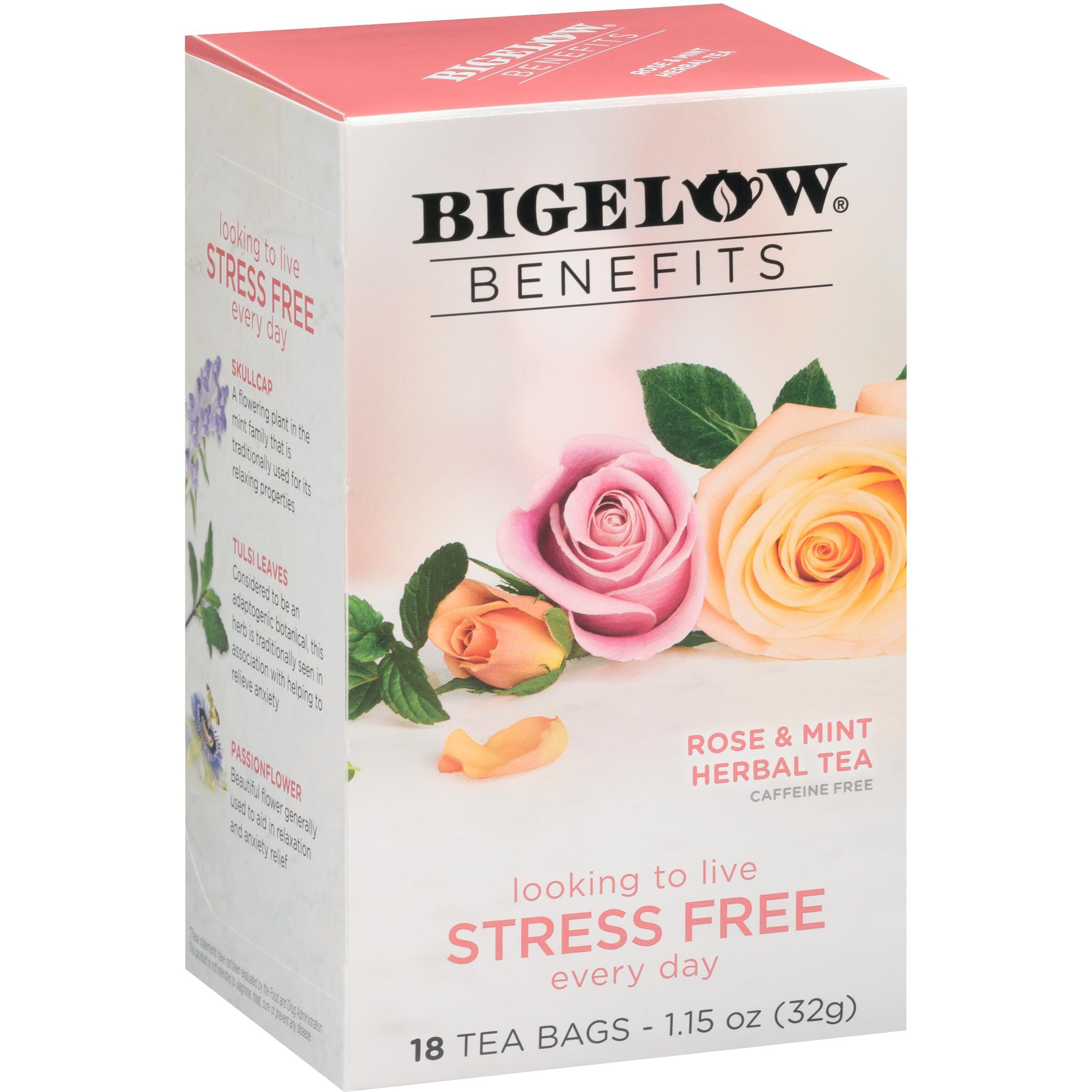 Bigelow Benefits Stress Free Rose & Mint Herbal Tea, Caffeine Free, 18 Count (Pack Of 6), 108 Total Tea Bags