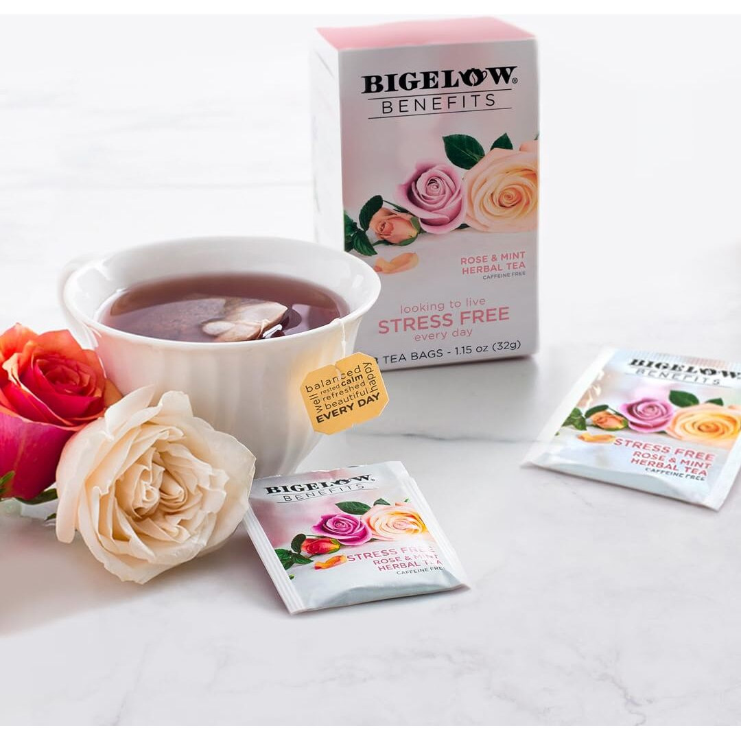 Bigelow Benefits Stress Free Rose & Mint Herbal Tea, Caffeine Free, 18 Count (Pack Of 6), 108 Total Tea Bags