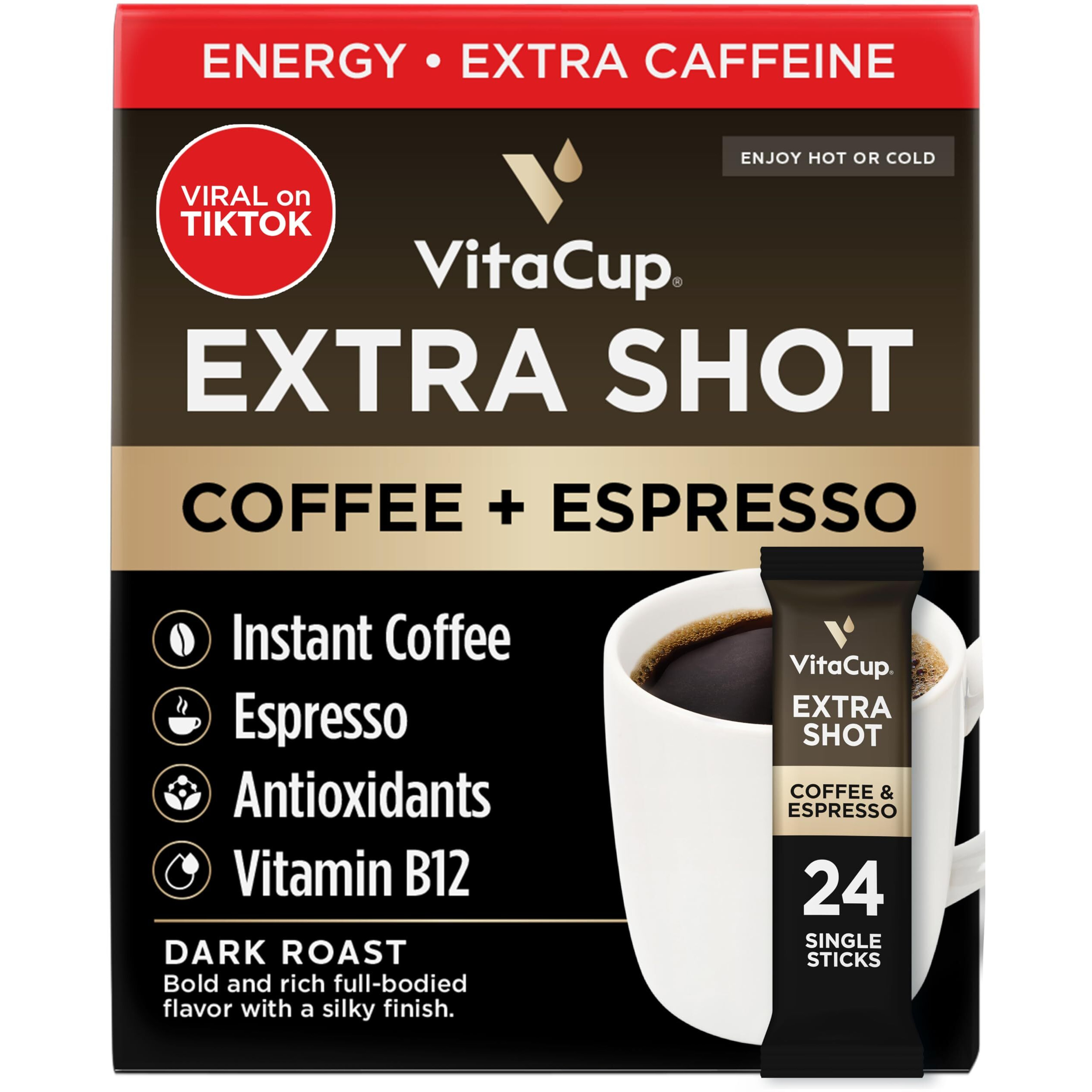Vitacup Extra Shot Instant Coffee Packets With Espresso Shot, Red Eye    High Caffeine, Bold Dark Roast W/Vitamin B12, Antioxidants, Premium Instant Coffee In Single Serve Sticks, 24 Ct