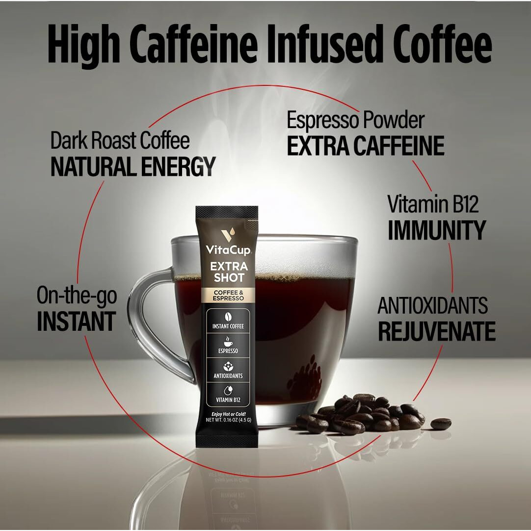 Vitacup Extra Shot Instant Coffee Packets With Espresso Shot, Red Eye    High Caffeine, Bold Dark Roast W/Vitamin B12, Antioxidants, Premium Instant Coffee In Single Serve Sticks, 24 Ct
