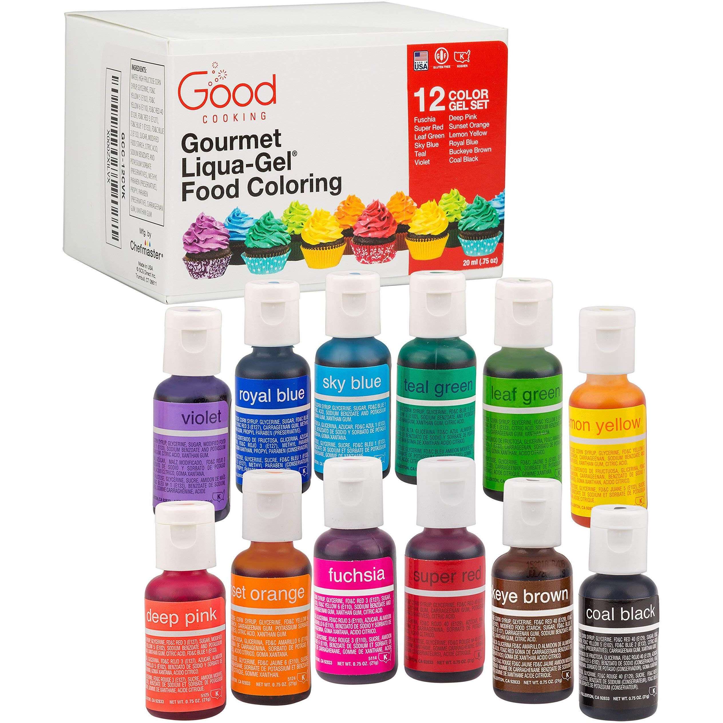 Food Coloring Liqua-Gel 12 Pk Rainbow Color Kit .75 Fl. Oz (22Ml) Bottles - For Holidays, Baking, Arts & Crafts, Decorating, Fondant, Frosting, Chocolate, Cooking, Diy Slime & More - Made In Usa