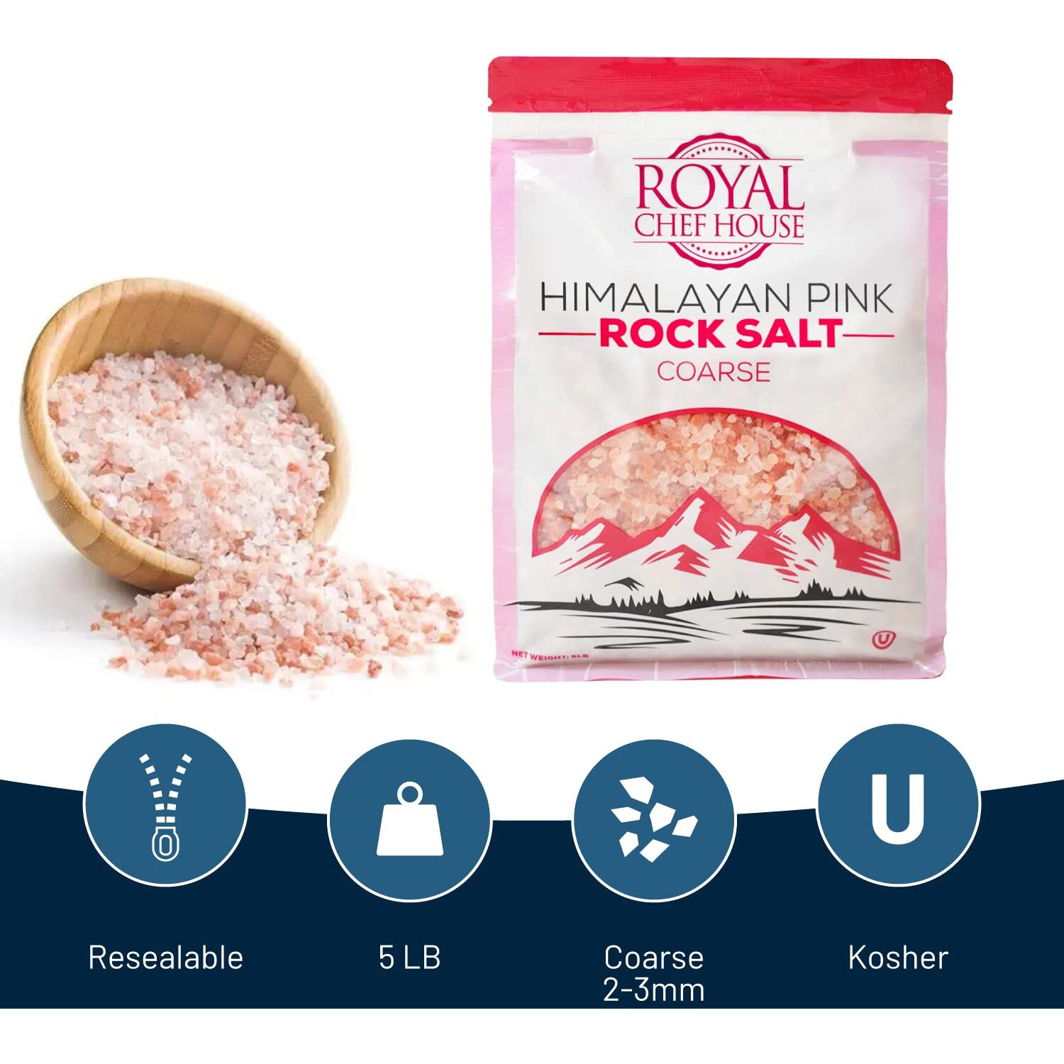 Himalayan Pink Salt 5 Lbs Coarse Grain Bulk Bag - Hymalain Pure Gourmet Crystals - Himilian 100% Natural - Contains 84 Minerals -Suitable For Body Bath Scrubs Table Salt Grinder & Salt Mills - Kosher