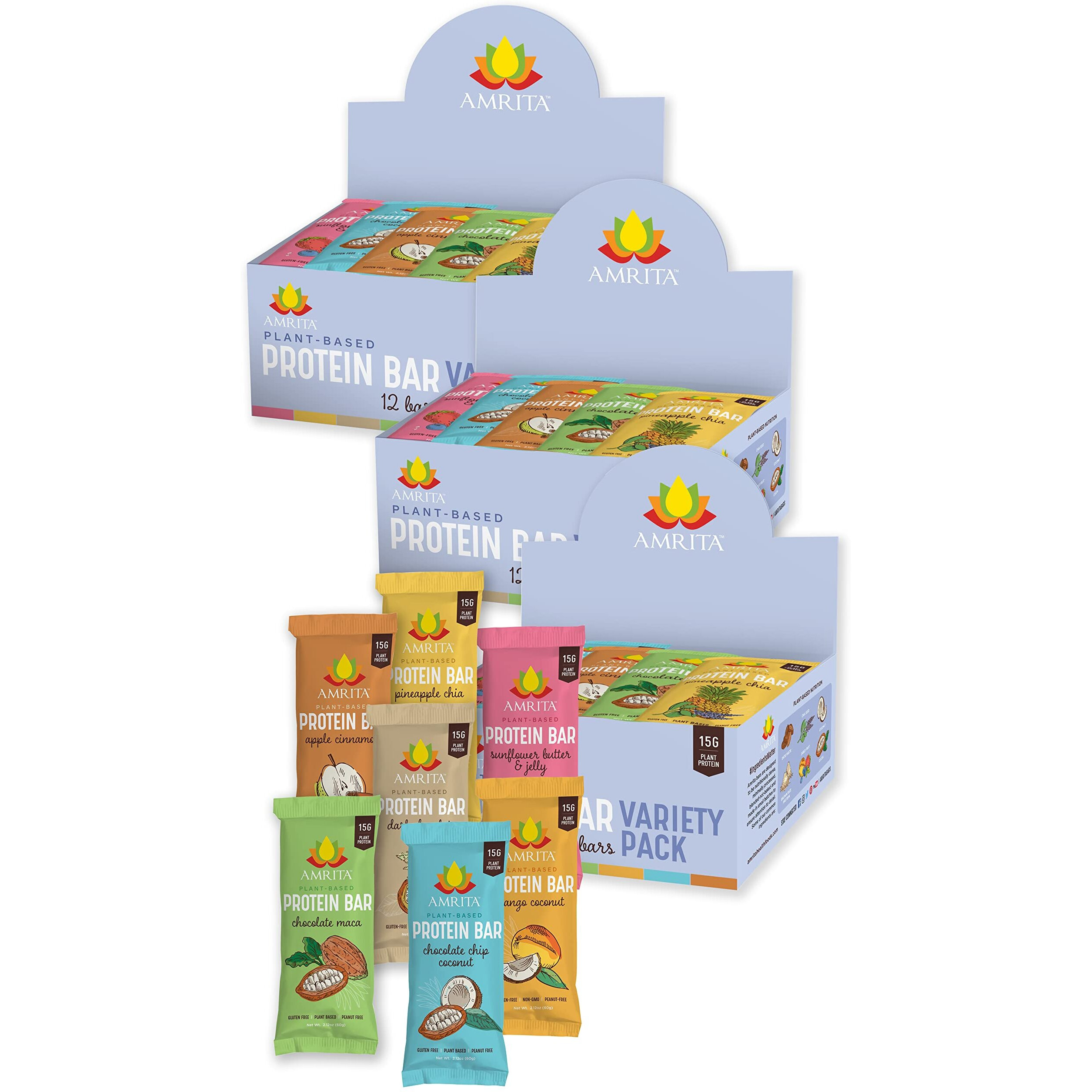 Amrita Vegan Protein Bars Variety Pack (6 Flavors), Peanut/Dairy Free, Soy & Gluten Free |15G Plant Based Protein Bars, High Fiber, Low Sugar Meal Replacement Bar - Breakfast Bars - High Protein Bars