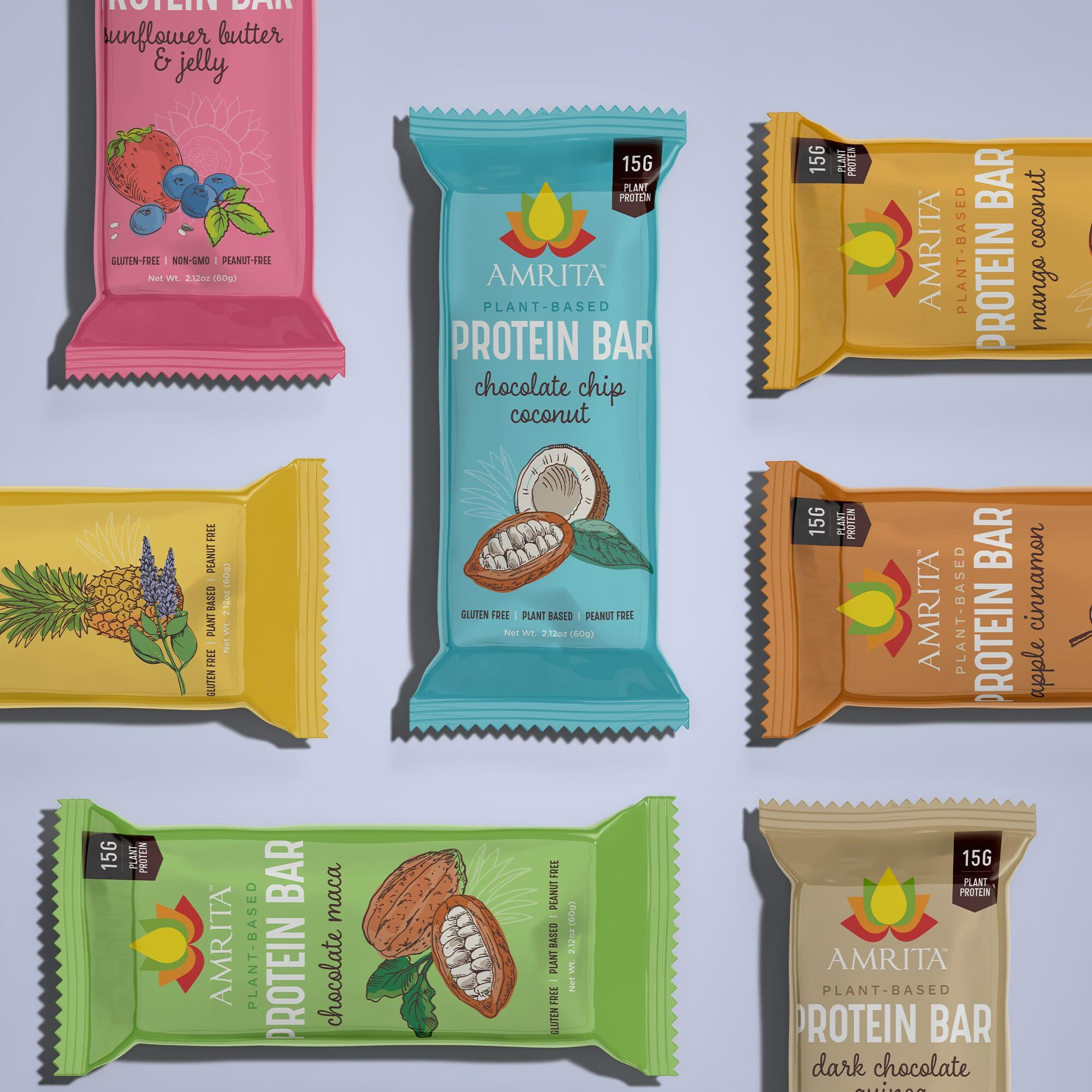 Amrita Vegan Protein Bars Variety Pack (6 Flavors), Peanut/Dairy Free, Soy & Gluten Free |15G Plant Based Protein Bars, High Fiber, Low Sugar Meal Replacement Bar - Breakfast Bars - High Protein Bars