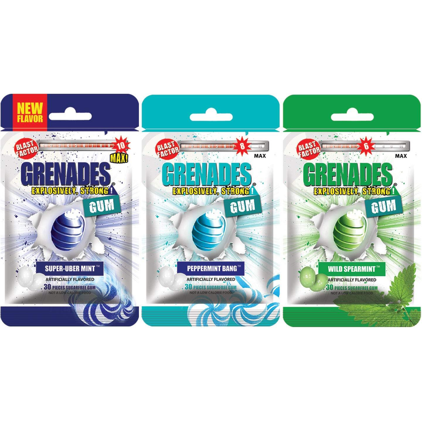 Grenades Gum - Power Pack Ice - Strong Mint Gum - 3-Pack, 90Pcs - Mint Flavor Pack (Super-Uber Mint, Peppermint And Spearmint) - Ultimate Fresh Breath & Serious Sinus Busting Power