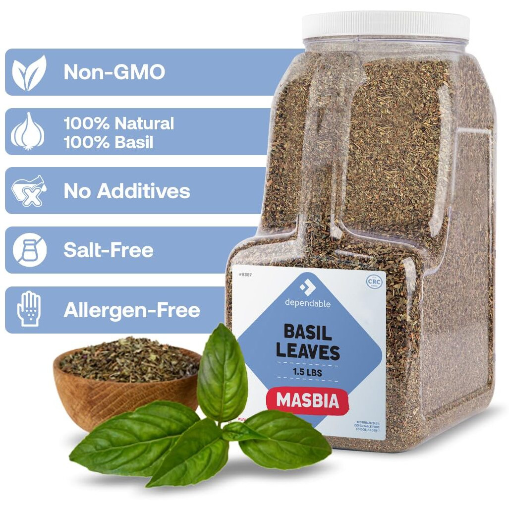 Dependable Food Basil Leaves -1.5 Lb. Jar- Bulk, Kosher, Dried Basil Seasoning For Pasta Sauces, Pesto, Salads, Garnishes & More - Natural, Non-Gmo Thai Basil Spice