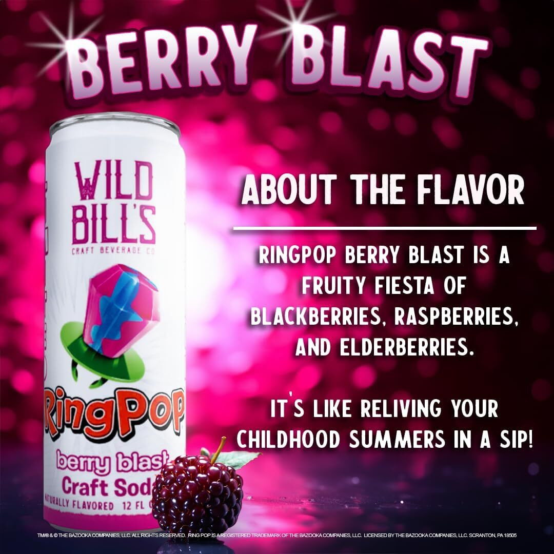 Wild Bill's 4 Flavor Craft Soda Soft Drinks, Ring Pop Variety Pack, Watermelon, Strawberry, Berry Blast & Blue Raspberry, Pure Cane Sugar, Caffeine Free, No High Fructose Corn Syrup, 12 Oz 12 Pack