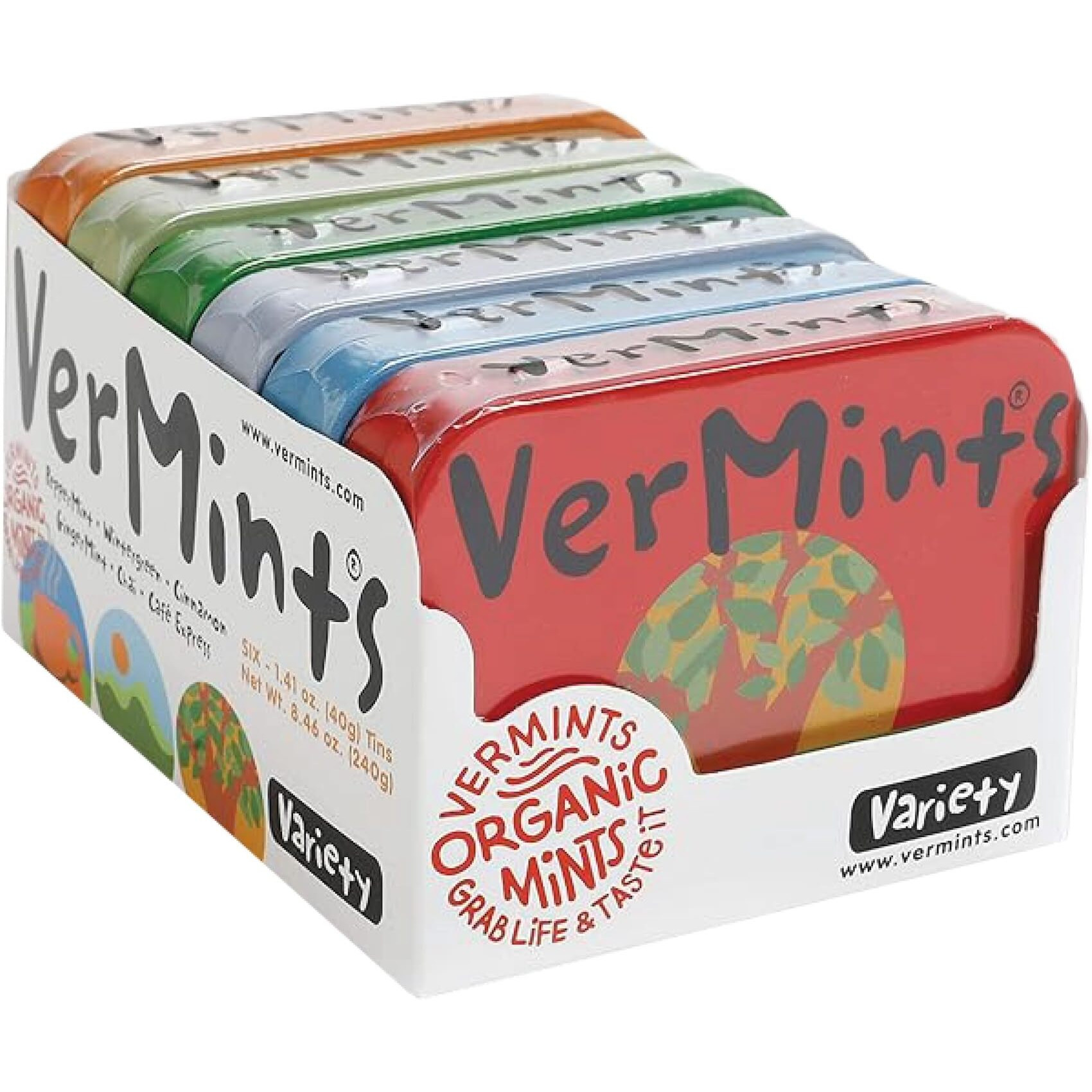 Organic Breath Mints By Vermints, Variety Pack With 6 Flavors, All Natural, Non-Gmo, Nut Free, Gluten Free, Vegan, Ksa Kosher, 1.41Oz Tins