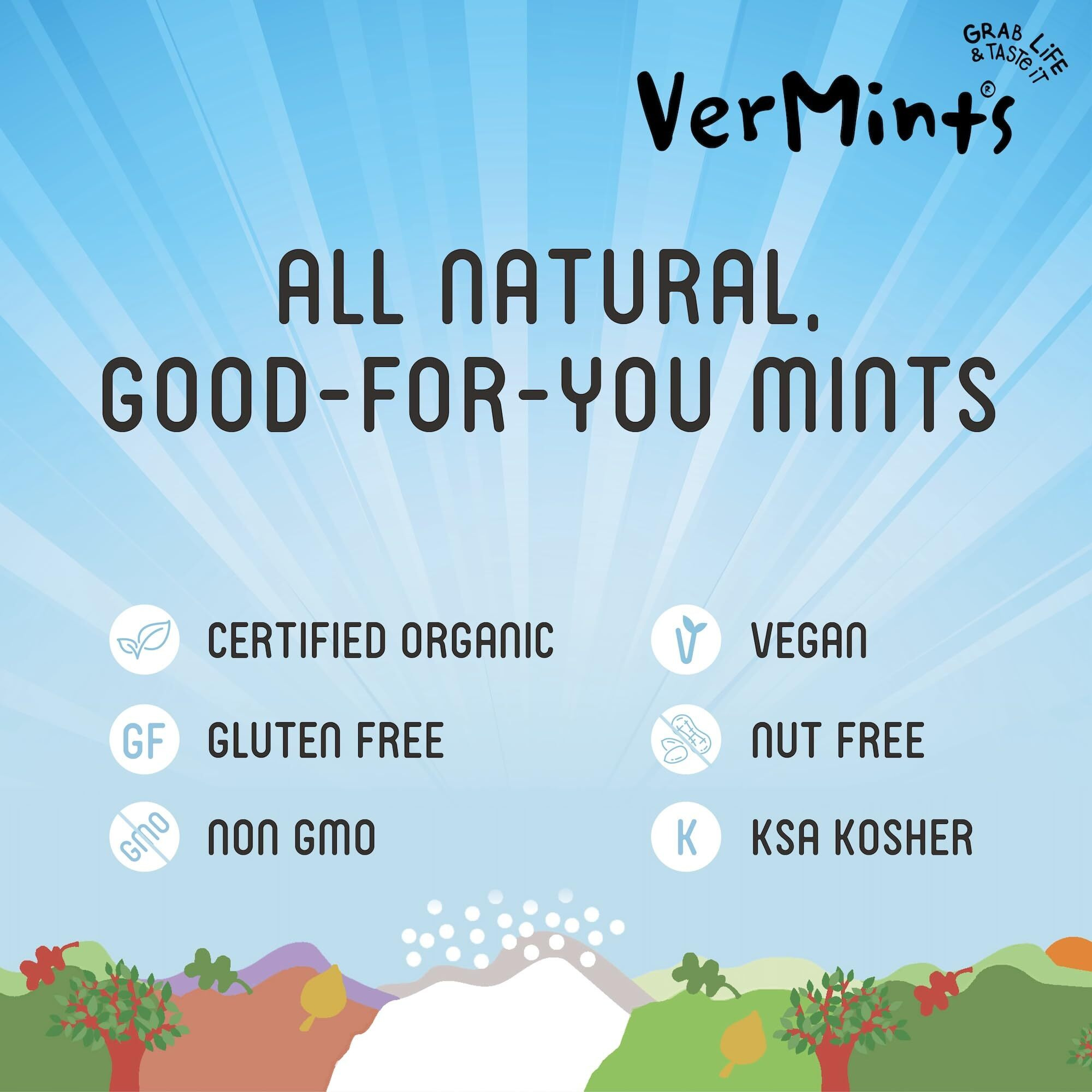 Organic Breath Mints By Vermints, Variety Pack With 6 Flavors, All Natural, Non-Gmo, Nut Free, Gluten Free, Vegan, Ksa Kosher, 1.41Oz Tins