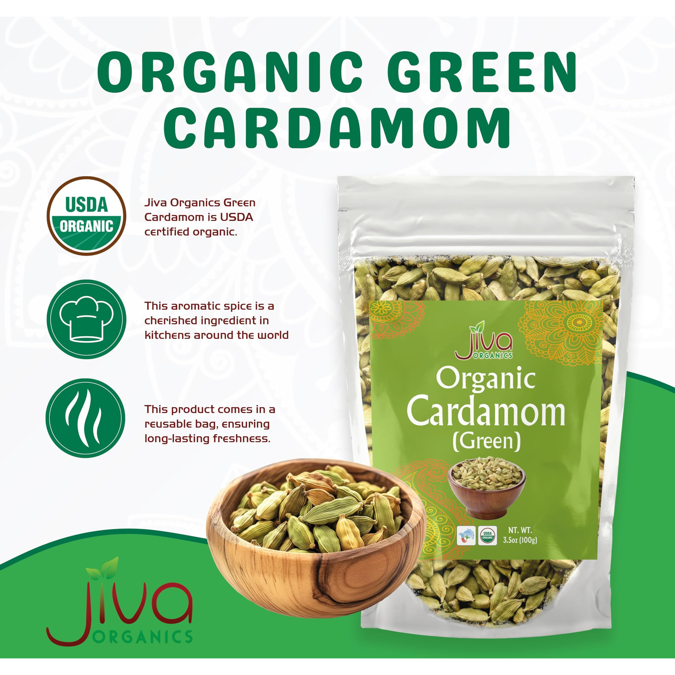 Jiva Organic Green Cardamom Pods Whole - Non-Gmo, Premium Quality, Jumbo Size - 3.5 Ounce Bag