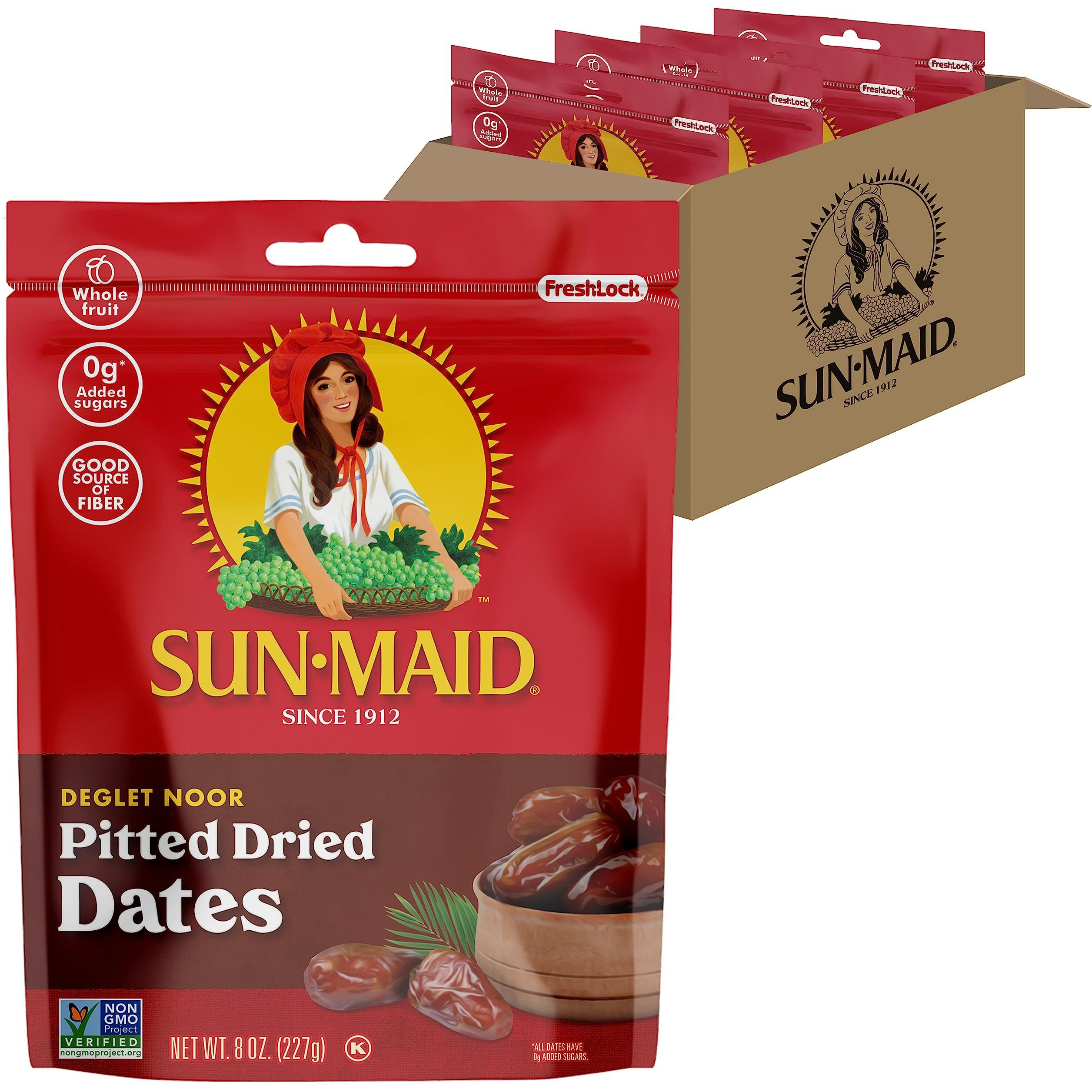 Sun-Maid Deglet Noor Pitted Dried Dates - (4 Pack) 8 Oz Resealable Bag - Pitted Deglet Noor Dates Dried Fruit Snack For Lunches, Snacks, And Natural Sweeteners