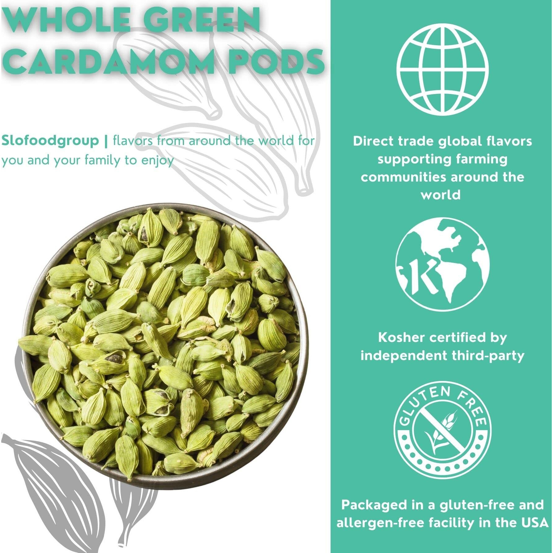 Slofoodgroup Green Cardamom Pods -Natural Cardamom Spice - 2 Oz.