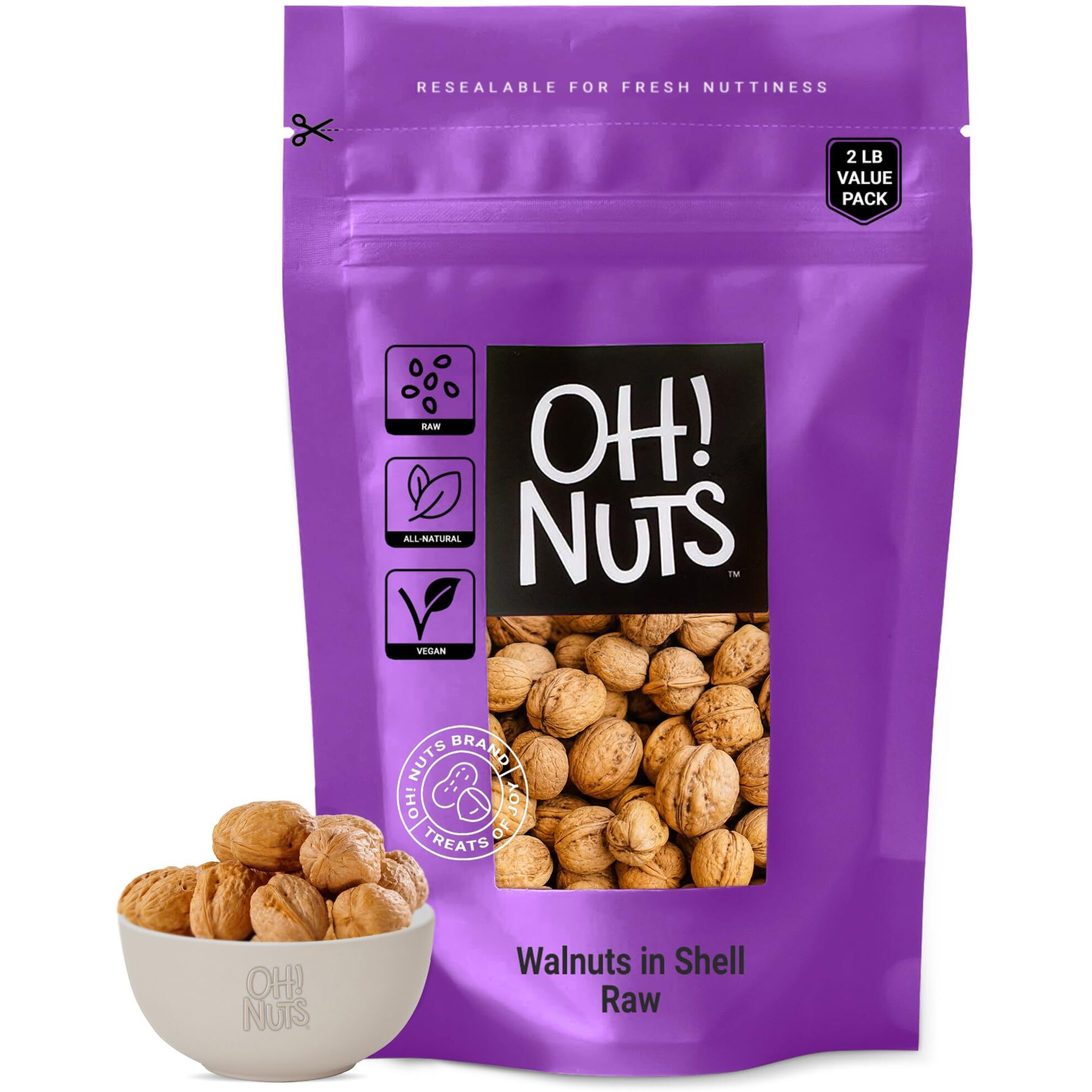 Walnuts In Shell | Raw - 100% Natural | 2 Lb | Whole Walnuts For A Healthy Vegan Snack | Packed In New York Zip-Seal Bag For Exceptional Freshness By Oh Nuts