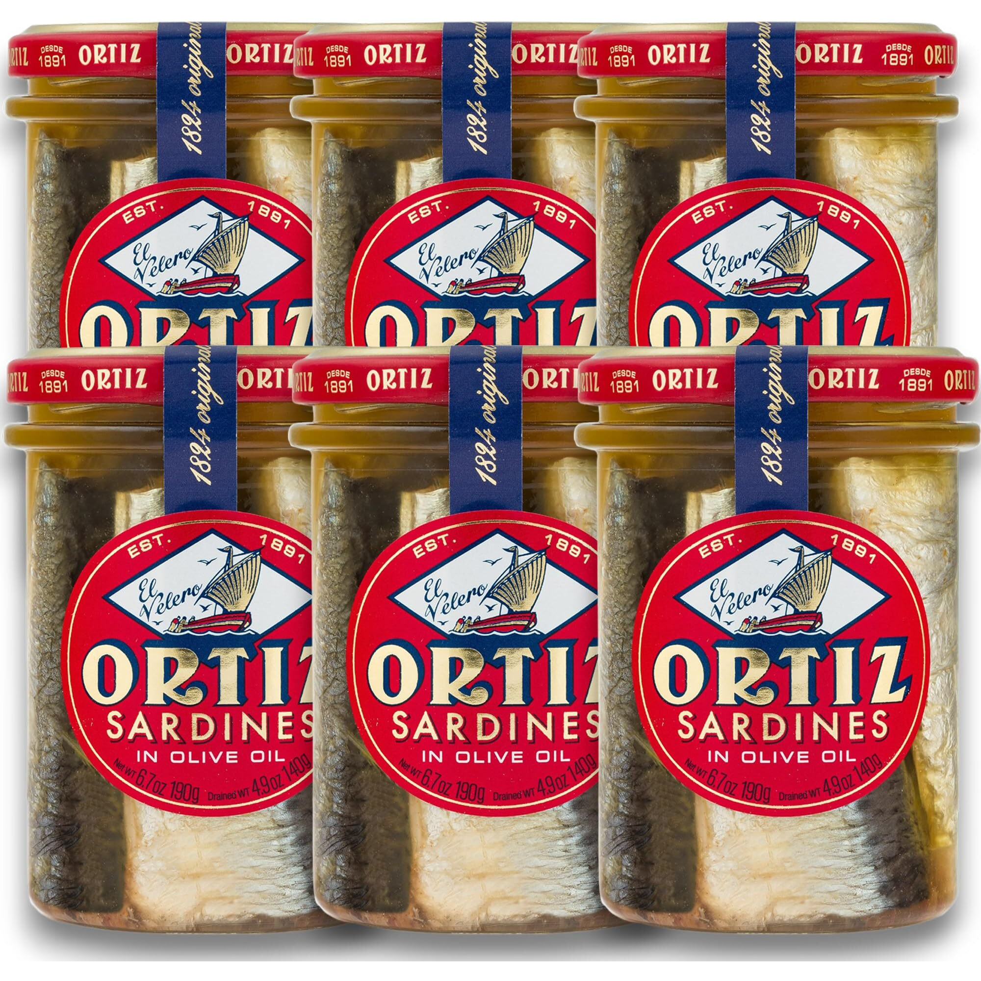 Ortiz Sardines A La Antiqua 'Old Style', Moist And Tender, Wild Caught In Spain And Hand-Packed In Premium Extra Virgin Olive Oil, Enjoy In Salads, Sandwiches And On Toast, 6.7Oz Jar (Pack Of 6)