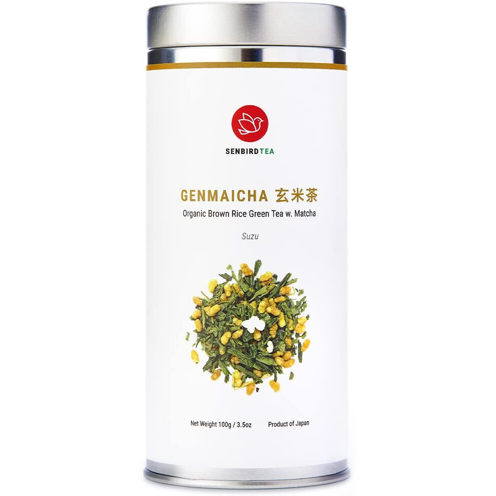 Senbird Organic Genmaicha With Matcha - Japanese Brown Rice Green Tea With Matcha - From Kyoto, Japan - Loose Leaf Tea In Airtight Tea Tin (3.5Oz/100G)