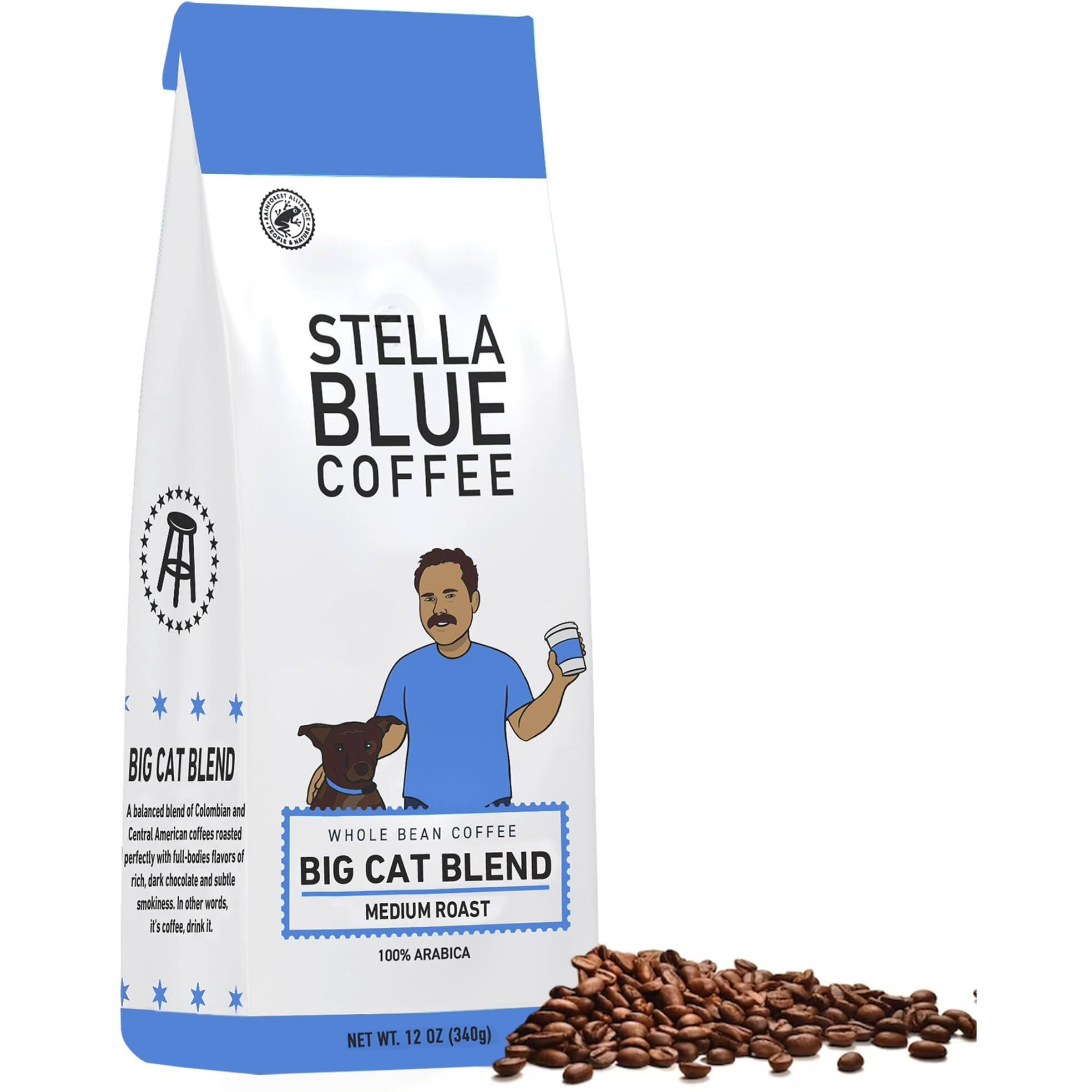 Stella Blue Fresh Whole Bean Coffee - Big Cat Blend - 100% Arabica Medium Roast - Ethically & Sustainably Sourced From Central America - Helps Support Paws Chicago - 12 Ounce Bag