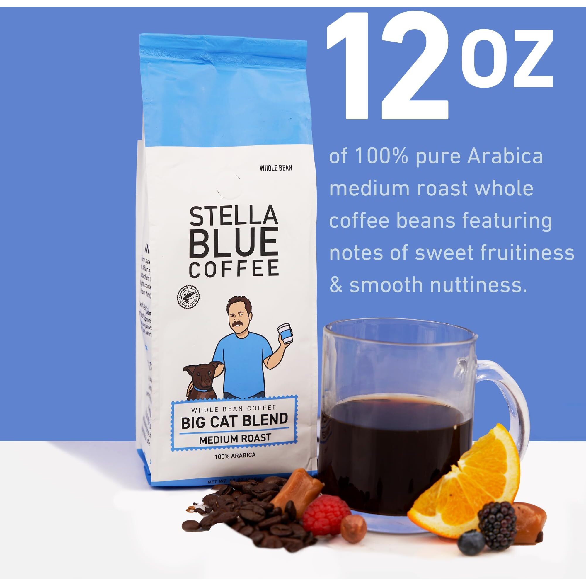 Stella Blue Fresh Whole Bean Coffee - Big Cat Blend - 100% Arabica Medium Roast - Ethically & Sustainably Sourced From Central America - Helps Support Paws Chicago - 12 Ounce Bag