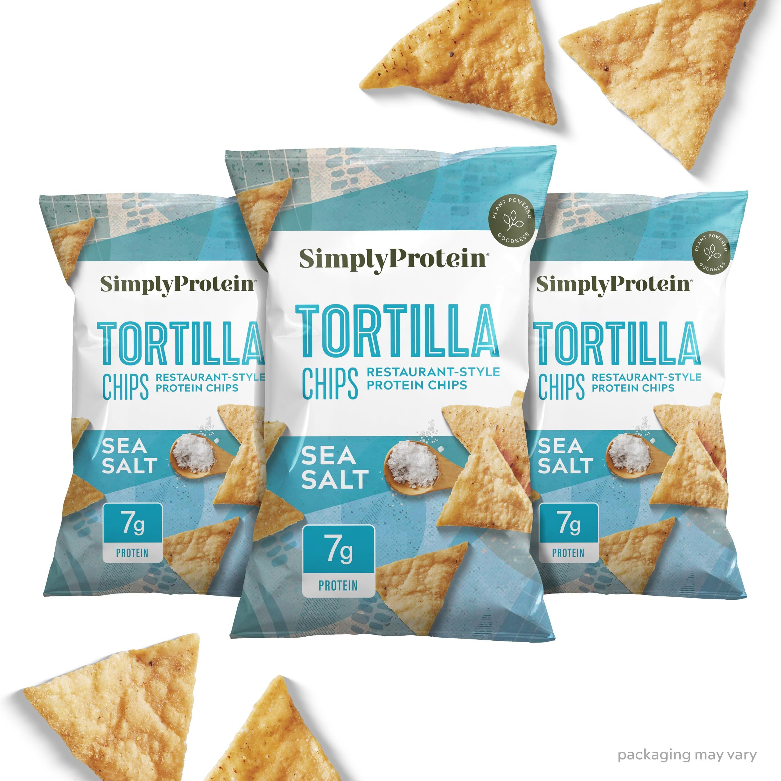 Simply Protein - Tortilla Chips, Restaurant Style Protein Chips, Sea Salt (3-Pack) - 7G Protein, 140 Calories, Gluten Free, Vegan - Plant Based Protein Snacks - Sunflower Oil - 3 Bags, 4.58Oz (130G)