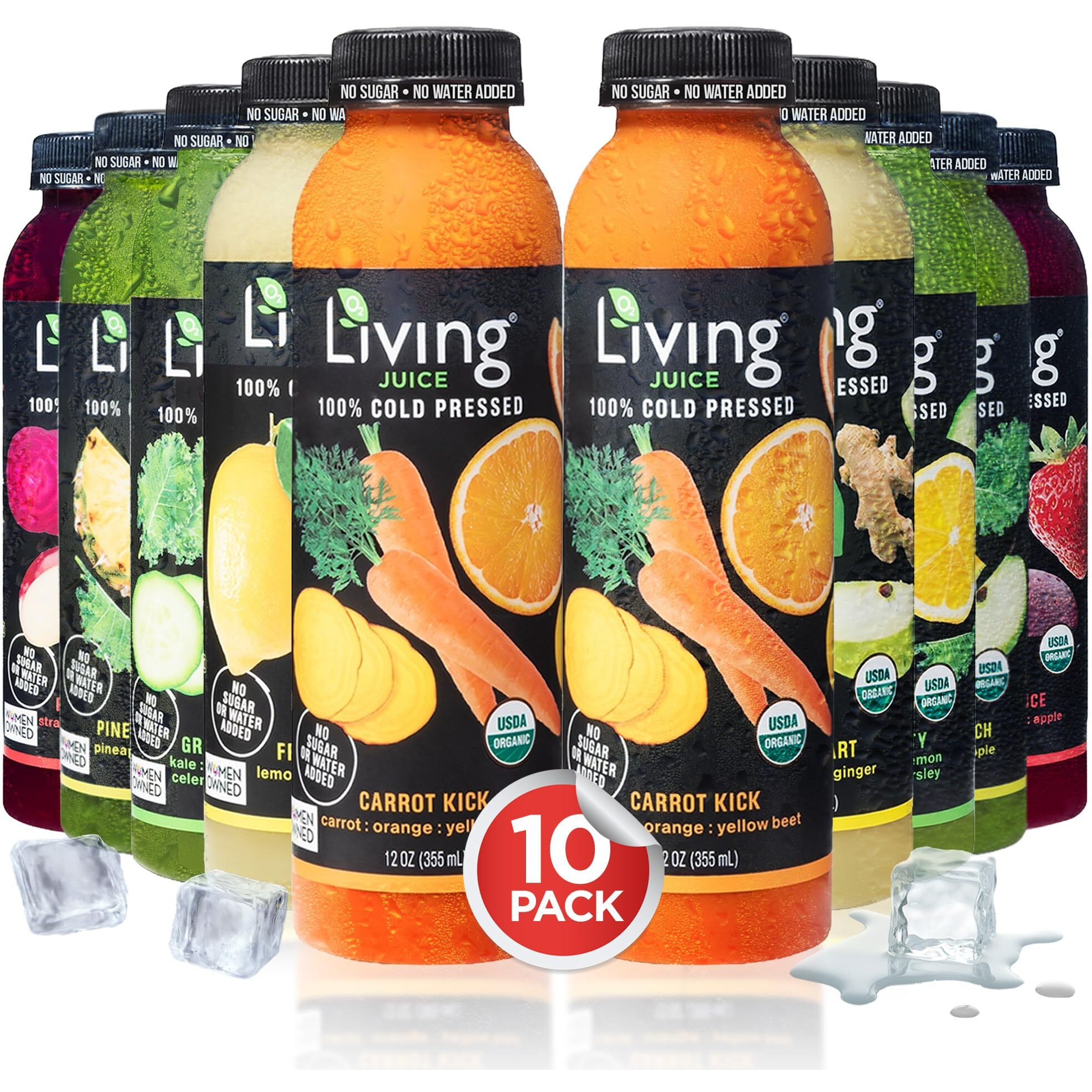 O2 Living Health Juices Cold Pressed Juice - No Added Sugar Or Water Fresh Juices - Nutrient-Packed Fruit & Vegetable Juice, Fruit Juice For Immune Refresher - 10 Pk Variety (12Oz)