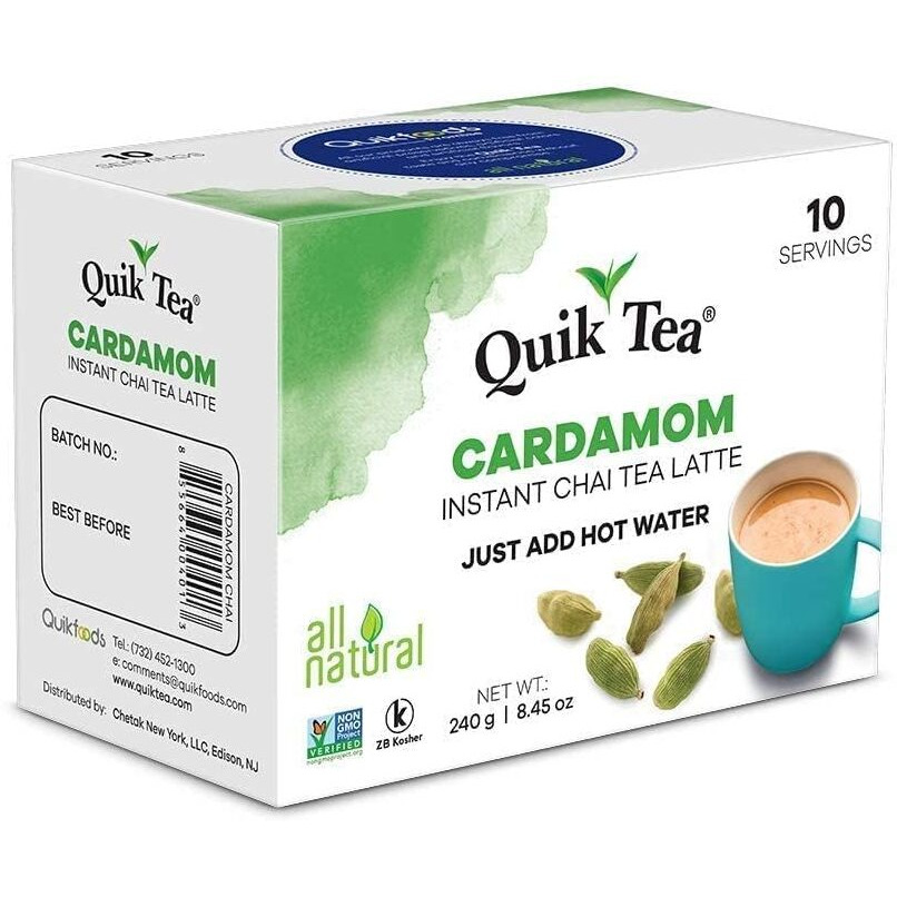 Quiktea Cardamom Instant Chai Tea Latte - 10 Count Single Box - Superfood Antioxidant, Digestion Tea