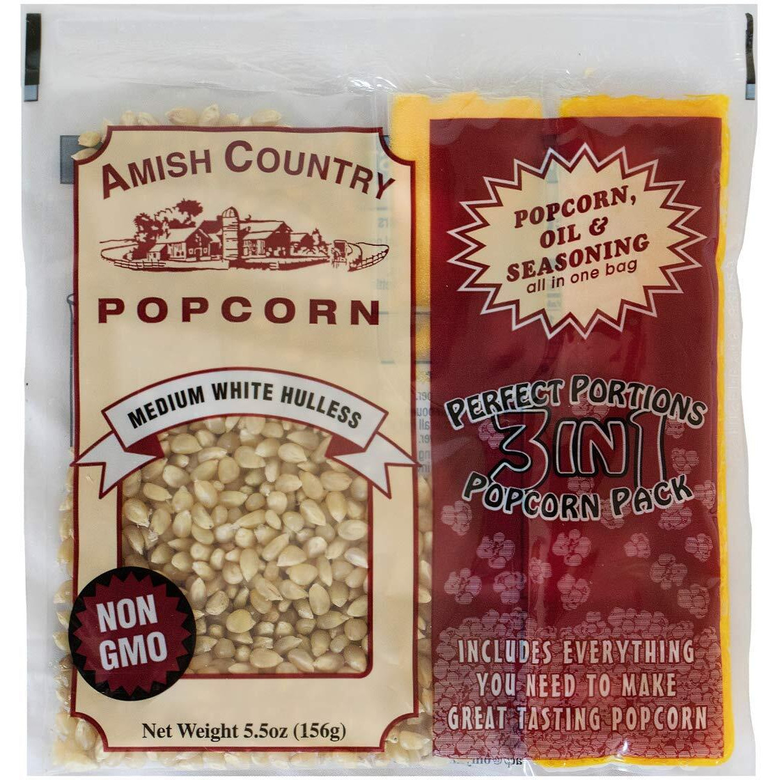 Amish Country Popcorn | All-In-One Medium White Kernel Popcorn Packs | Pre-Measured For Popcorn Machines And Includes Hulless Popcorn, Oil & Salt (5.5 Ounce, Pack Of 24)
