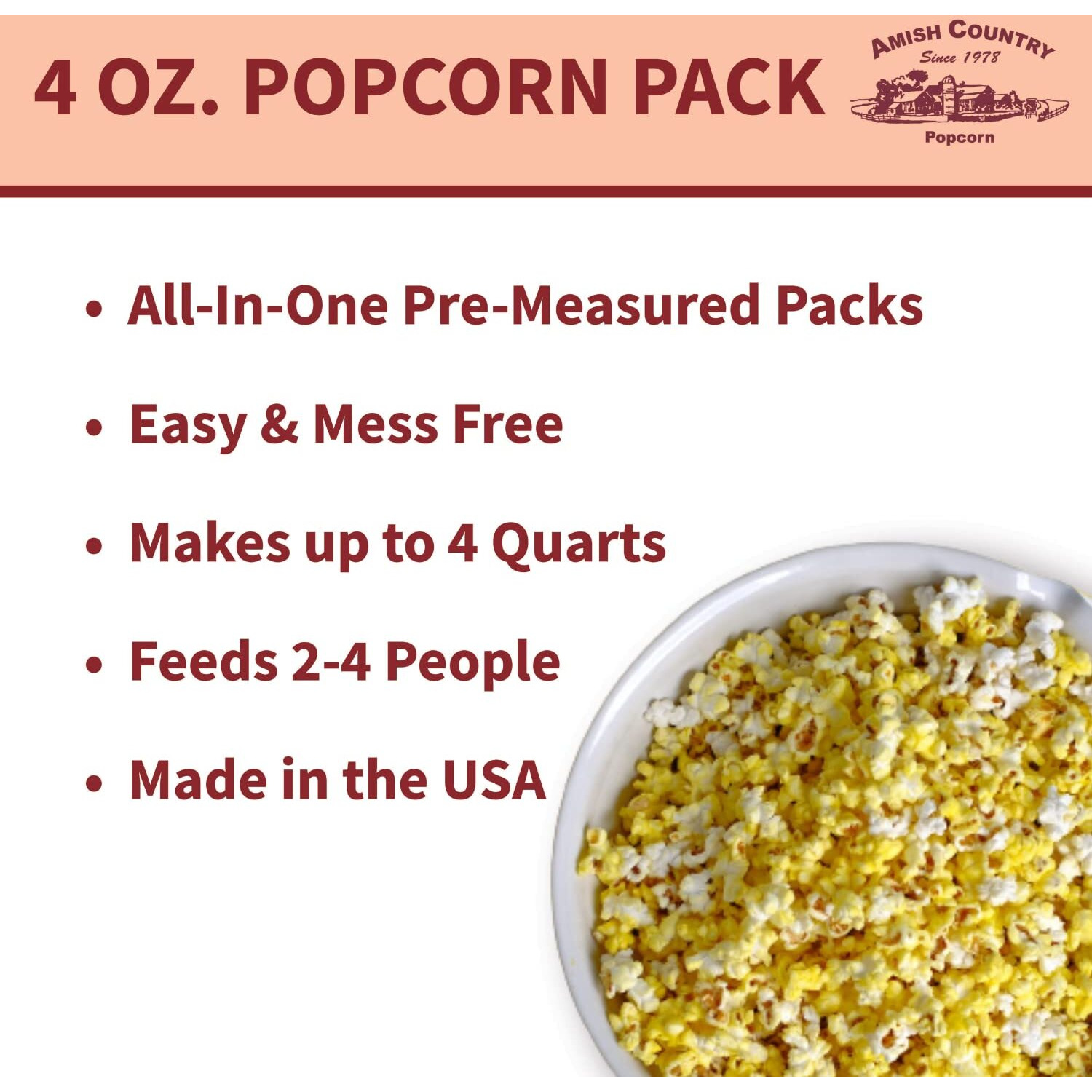 Amish Country Popcorn | All-In-One Medium White Kernel Popcorn Packs | Pre-Measured For Popcorn Machines And Includes Hulless Popcorn, Oil & Salt (5.5 Ounce, Pack Of 24)