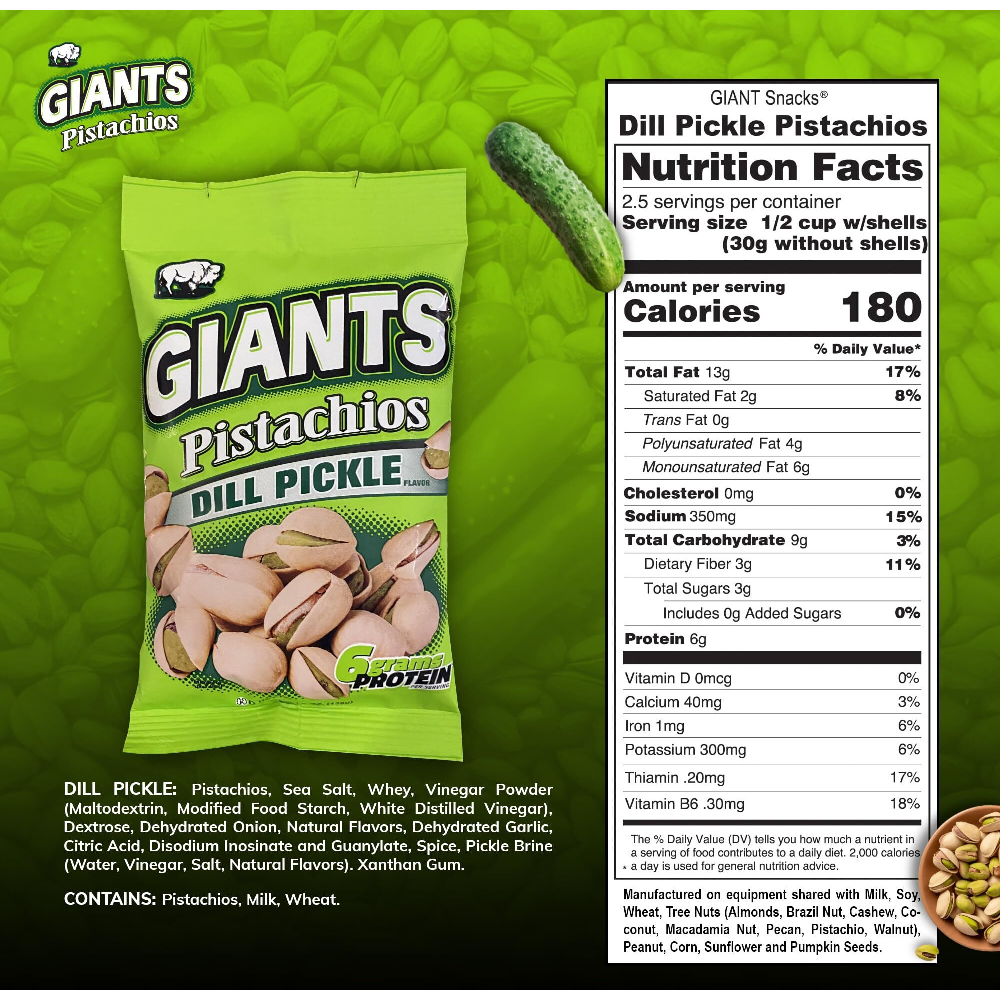 Giants Dill Pickle Pistachios - 4.5 Oz. Bags (6 Count Case)