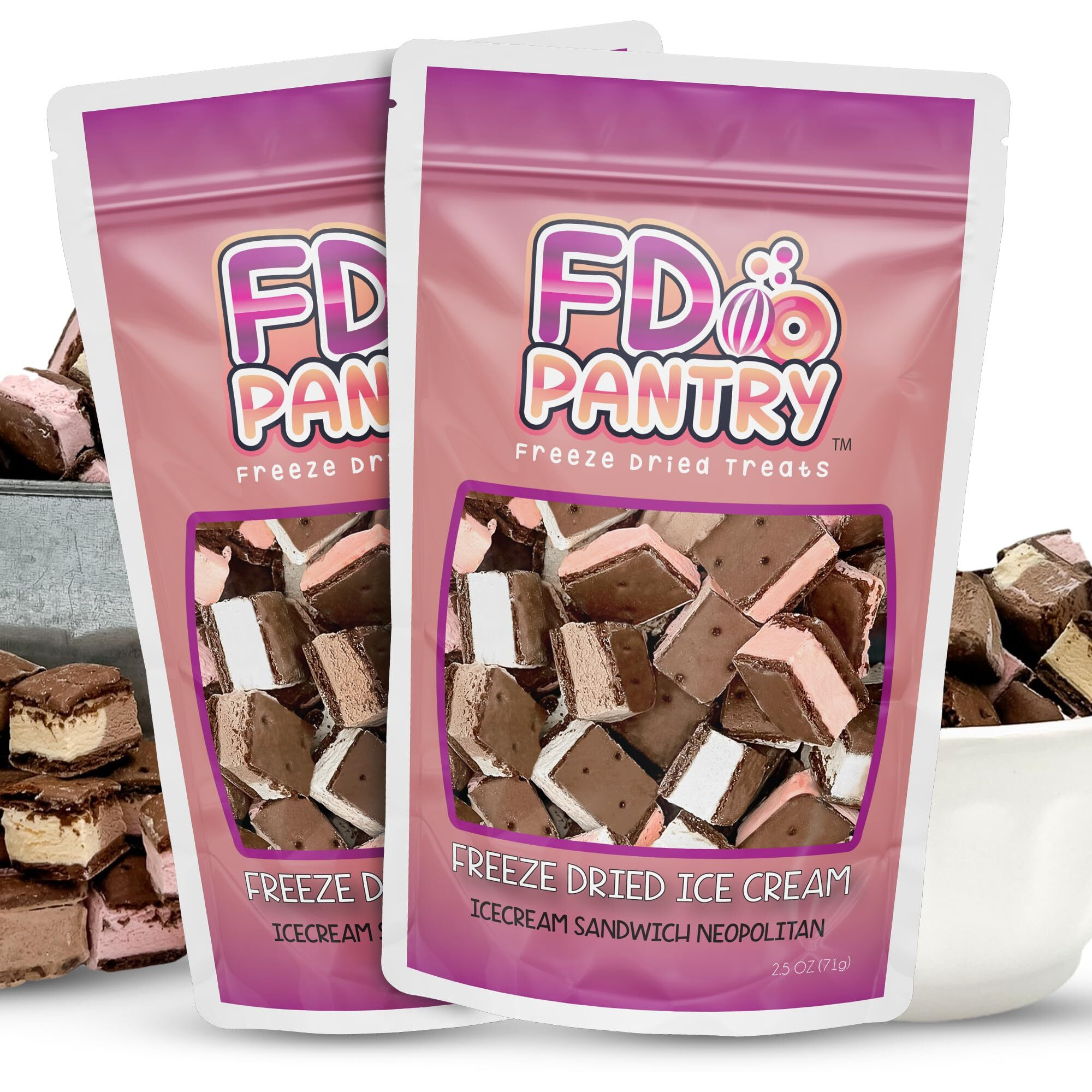 Freeze Dried Ice Cream Sandwich Bites - 2 Pack Neapolitan - Crunchy & Sweet Snack 2.5Oz Space Ice-Cream Pack Dehydrated Resealable Gift Bag - Strawberry Vanilla Chocolate