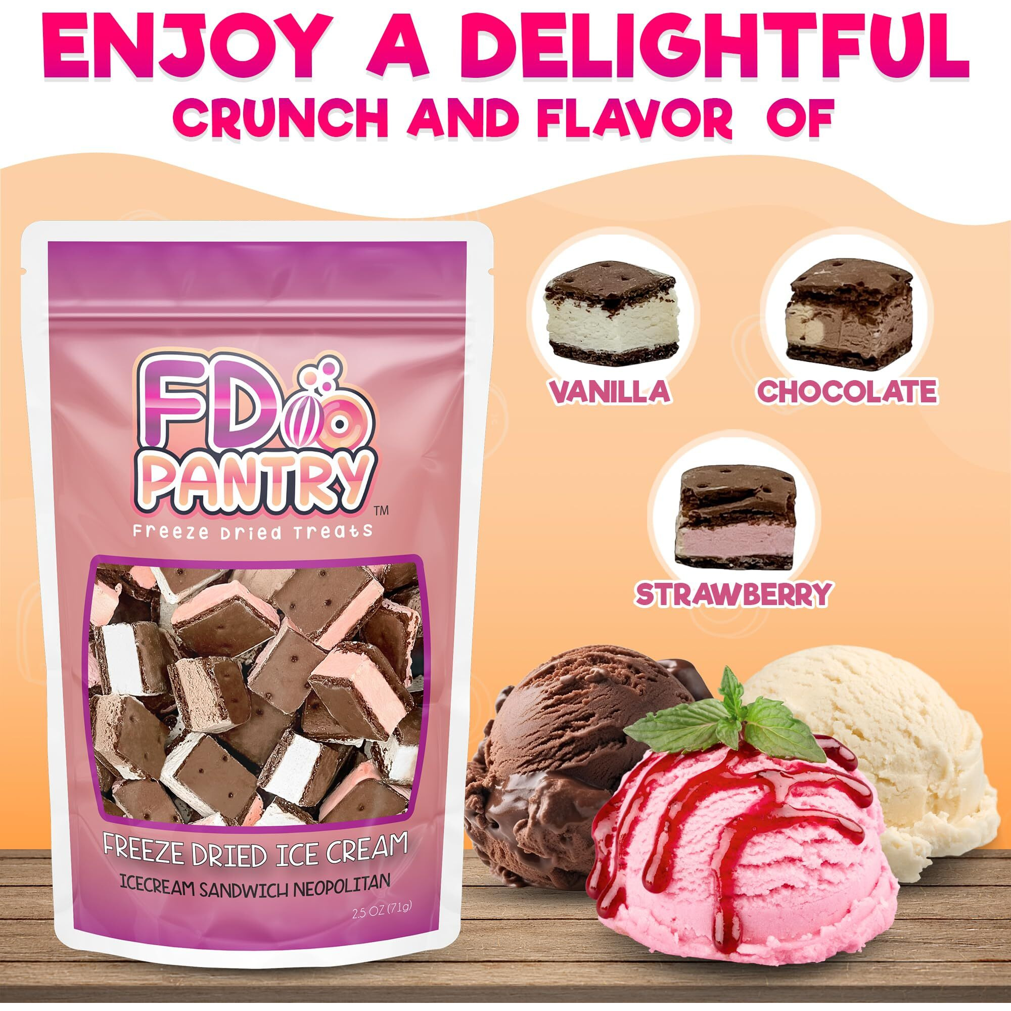 Freeze Dried Ice Cream Sandwich Bites - 2 Pack Neapolitan - Crunchy & Sweet Snack 2.5Oz Space Ice-Cream Pack Dehydrated Resealable Gift Bag - Strawberry Vanilla Chocolate