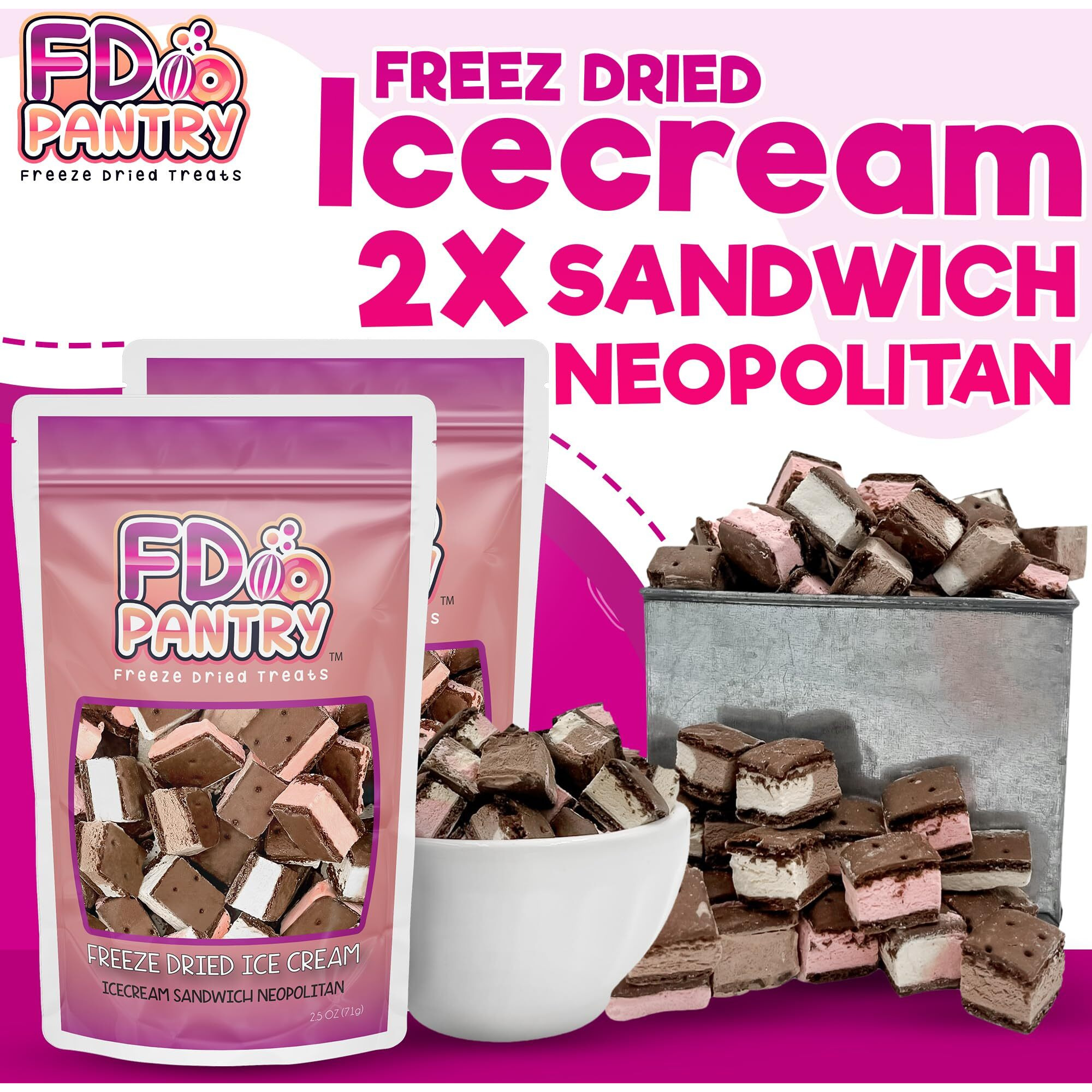Freeze Dried Ice Cream Sandwich Bites - 2 Pack Neapolitan - Crunchy & Sweet Snack 2.5Oz Space Ice-Cream Pack Dehydrated Resealable Gift Bag - Strawberry Vanilla Chocolate